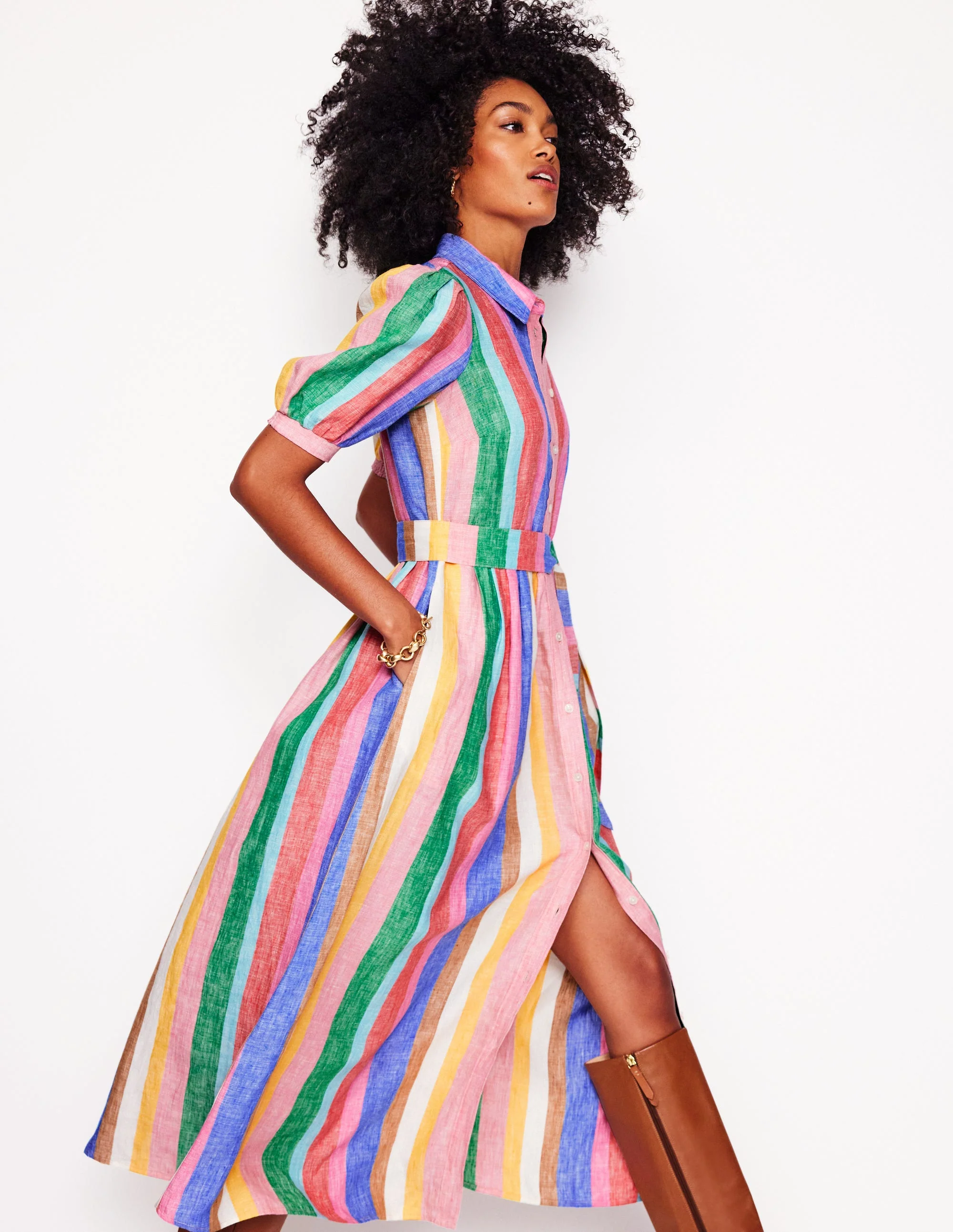 Alexa Maxi-Hemdblusenkleid aus Leinen-Knalliger Regenbogen Streifen