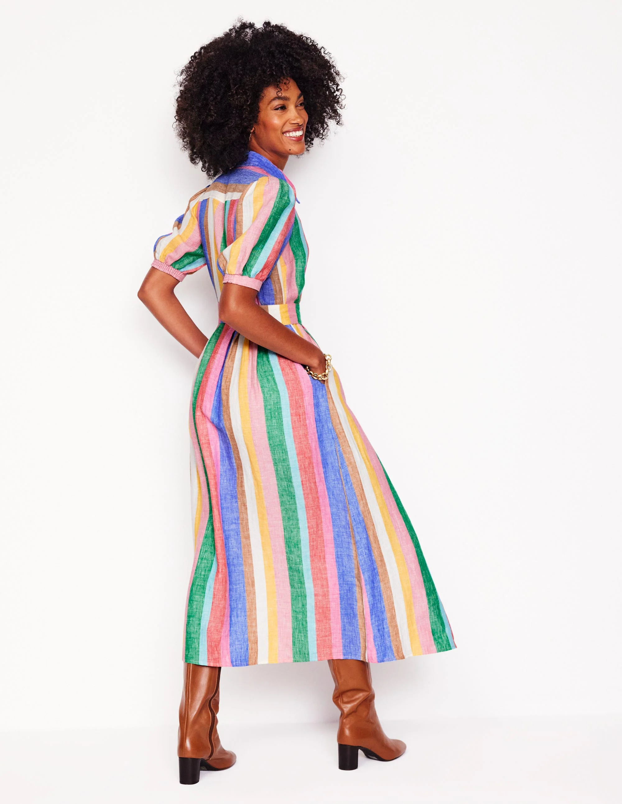 Alexa Maxi-Hemdblusenkleid aus Leinen-Knalliger Regenbogen Streifen - Image 3