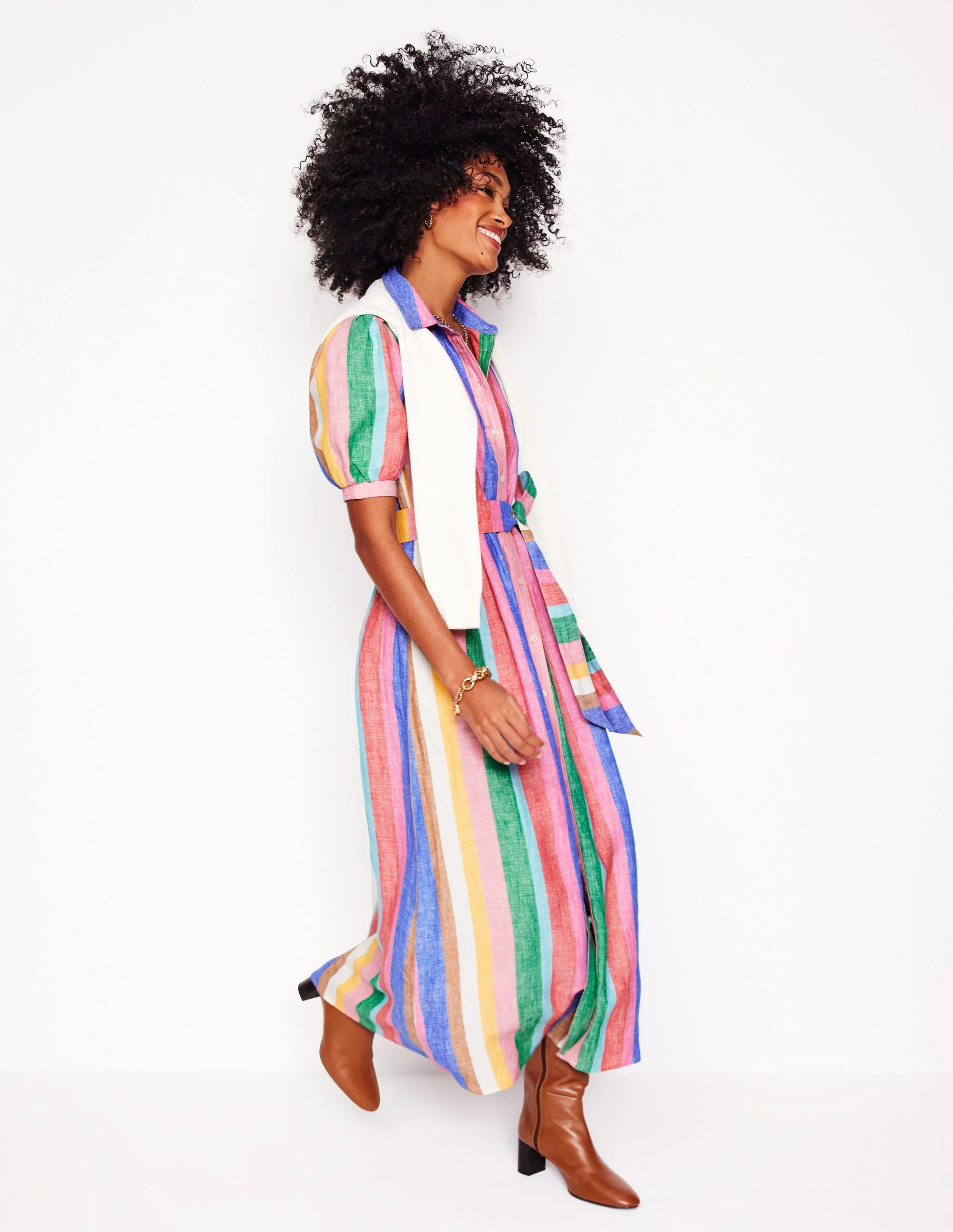 Alexa Maxi-Hemdblusenkleid aus Leinen-Knalliger Regenbogen Streifen - Image 4