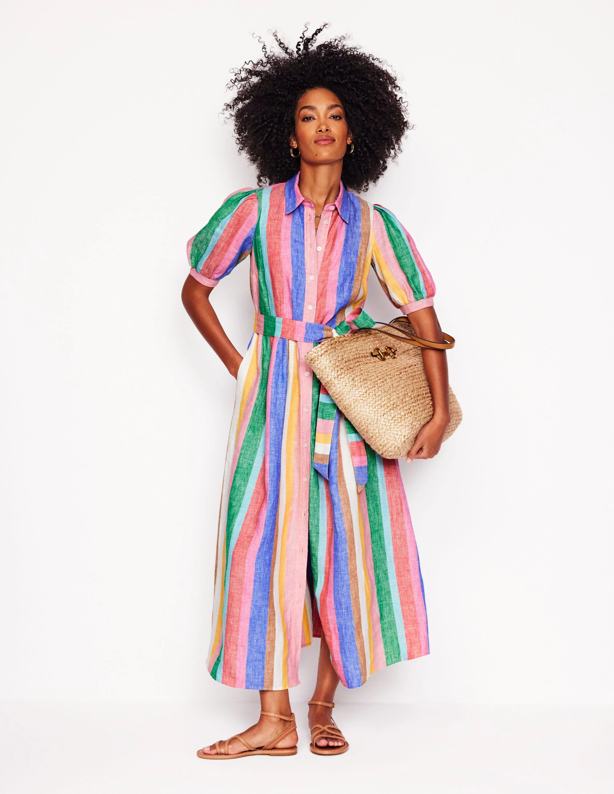 Alexa Maxi-Hemdblusenkleid aus Leinen-Knalliger Regenbogen Streifen - Image 6