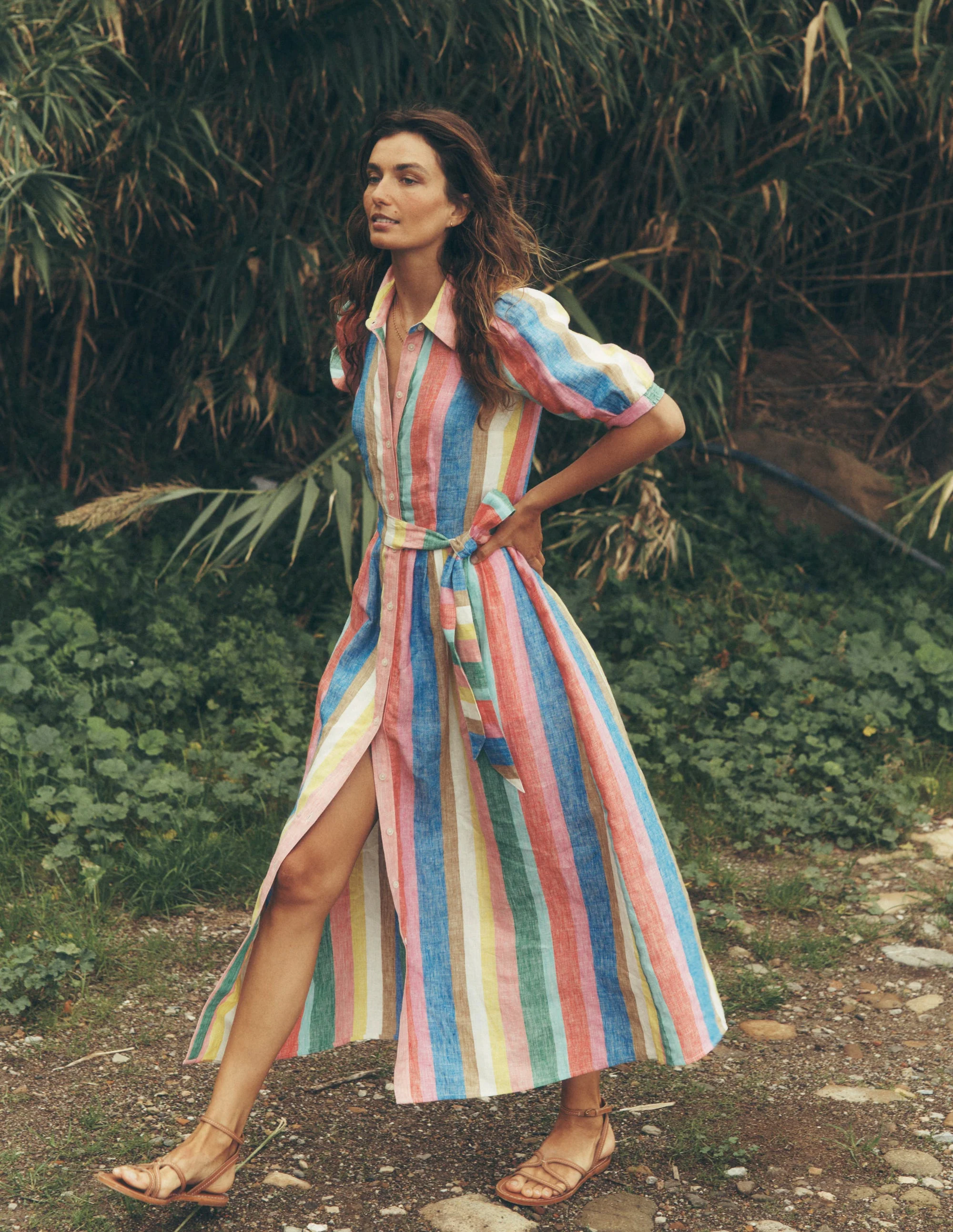 Alexa Maxi-Hemdblusenkleid aus Leinen-Knalliger Regenbogen Streifen - Image 7