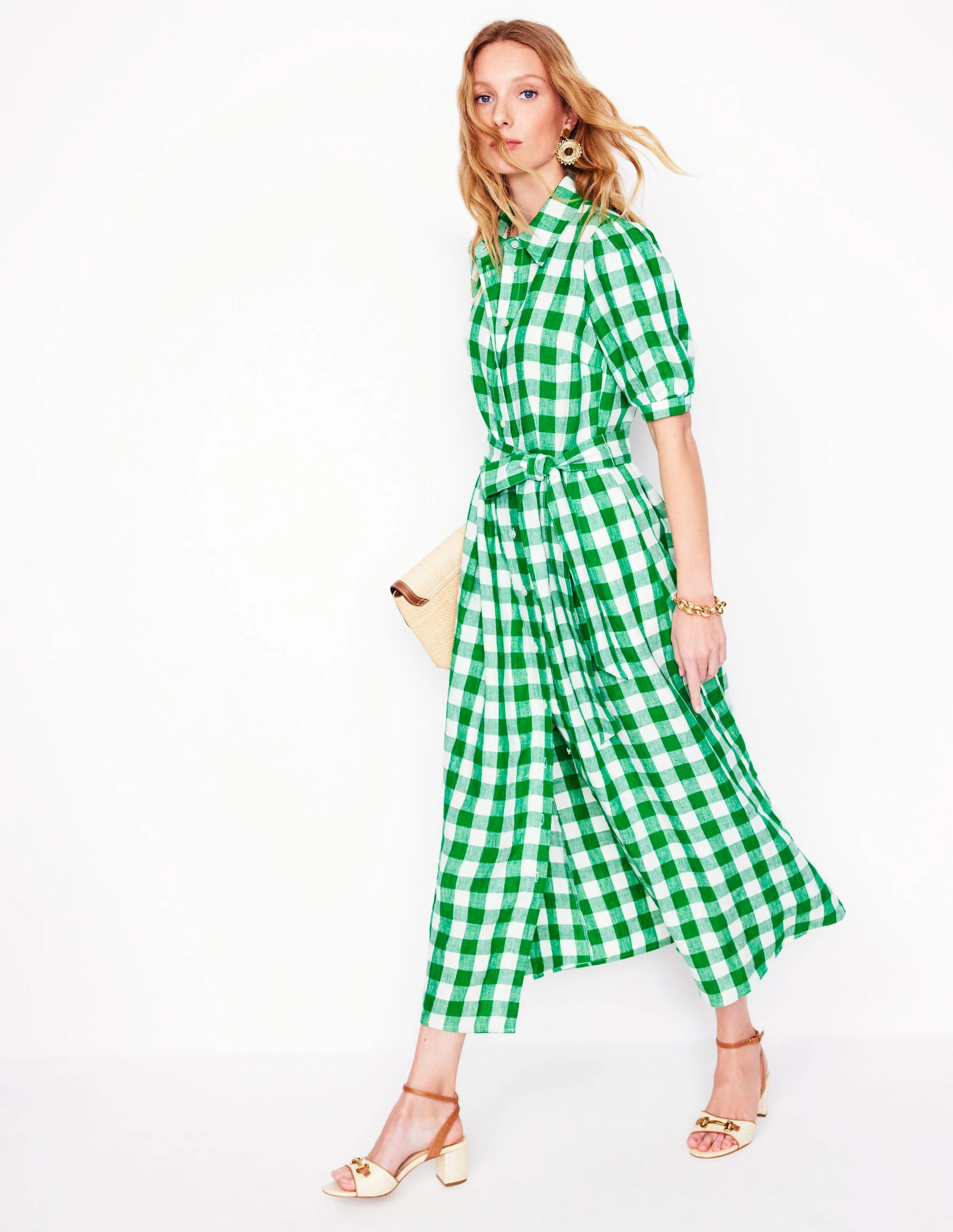 Alexa Maxi-Hemdblusenkleid aus Leinen-Sattes Smaragdgrün Vichykaro