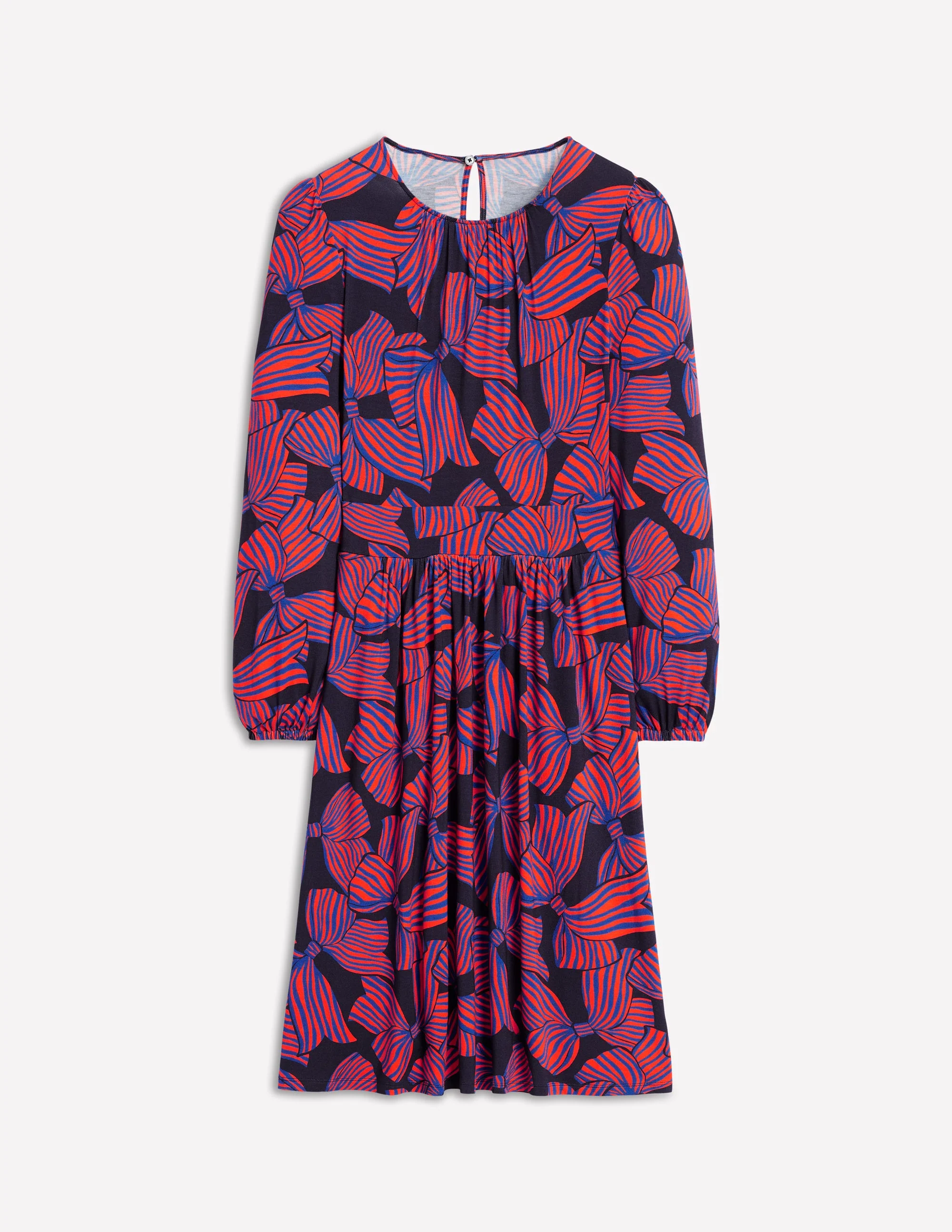 Alexandra Blouson-Jerseykleid-Französisches Marineblau, Großflächiges Schleifenmuster - Image 5