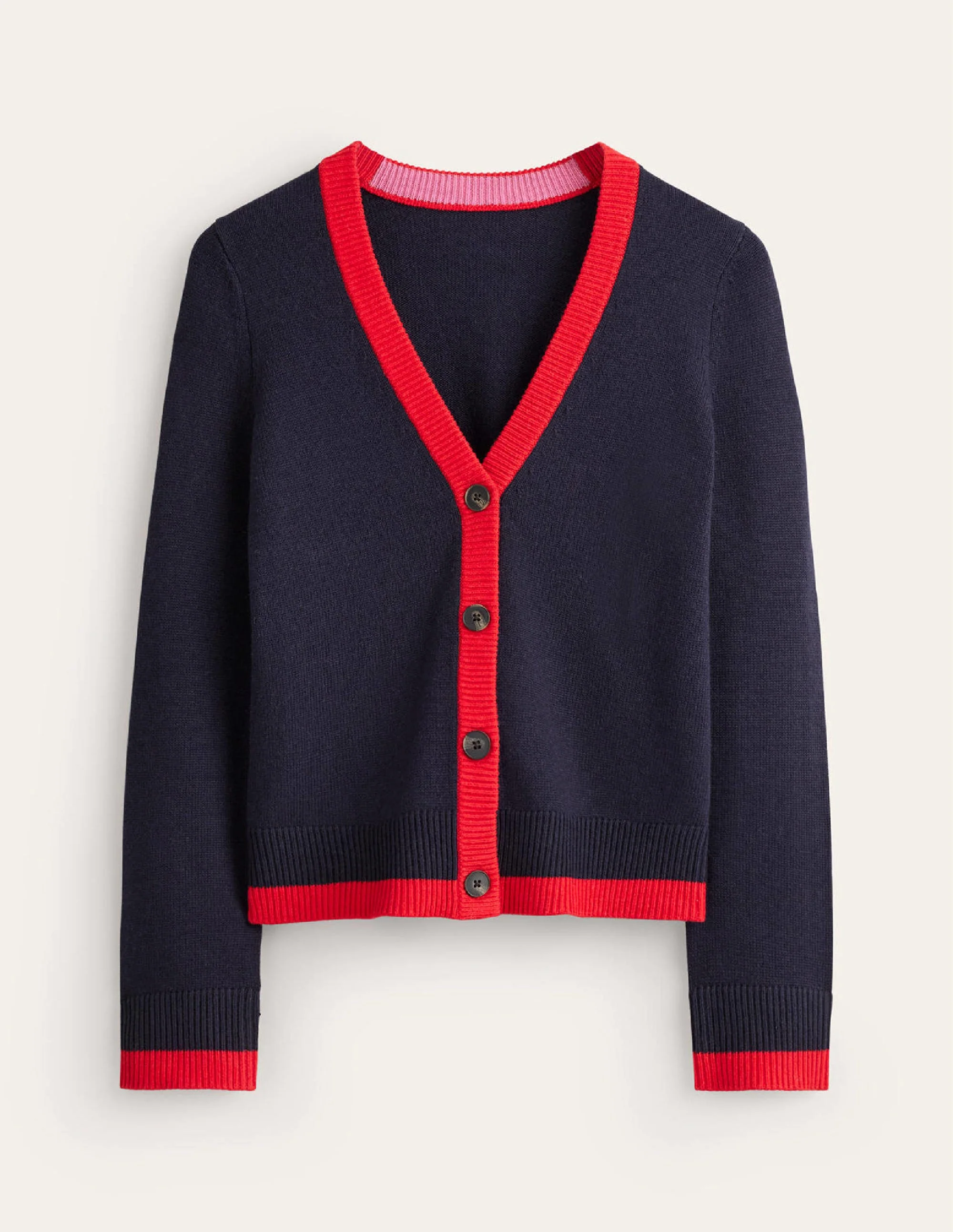 Alma Strickjacke mit Kontrastbesatz-Marineblau, Flame Scarlet - Image 5