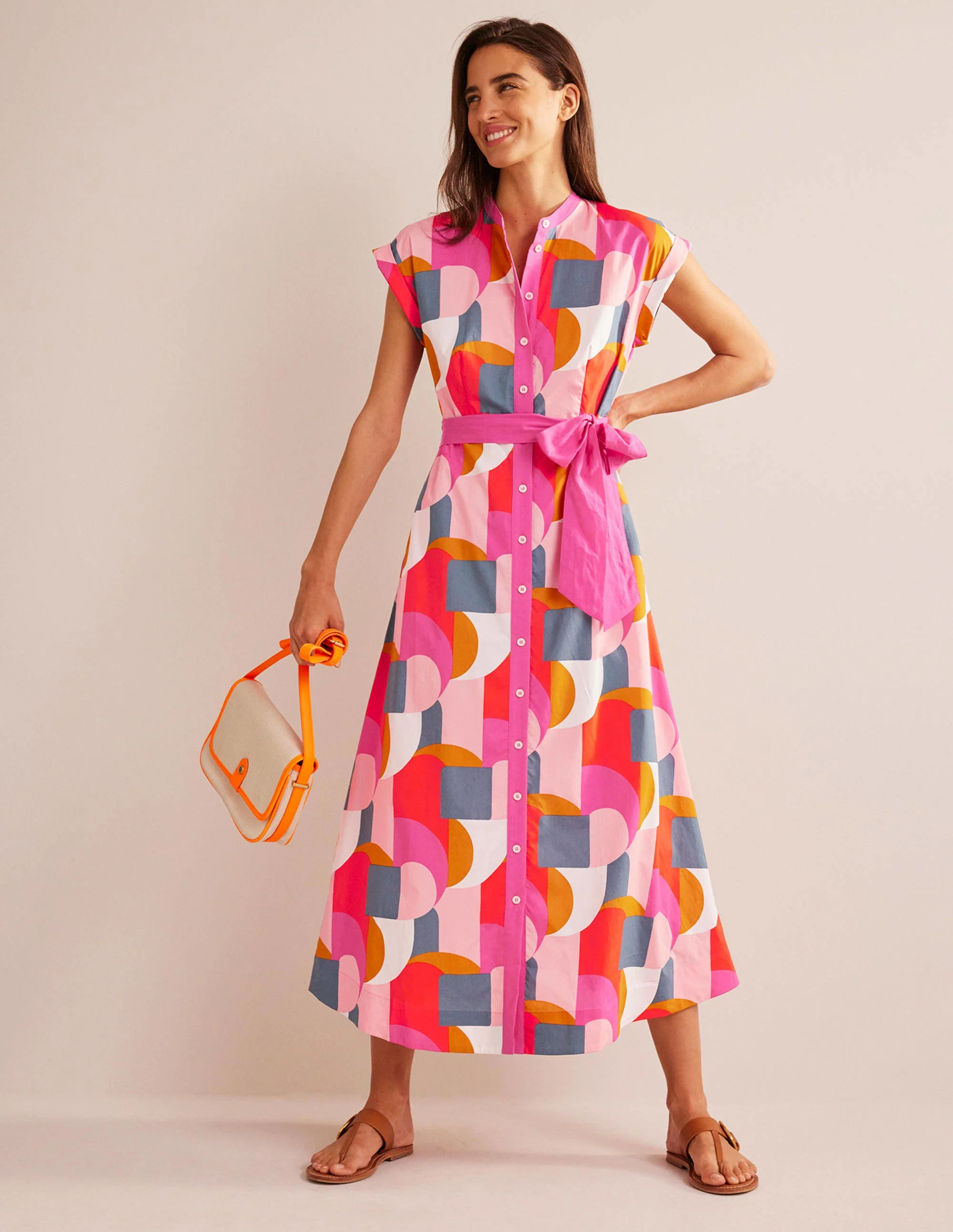 Amanda Hemdblusenkleid in Midilänge aus Baumwolle-Festivalrosa, Geometrischer Wirbel