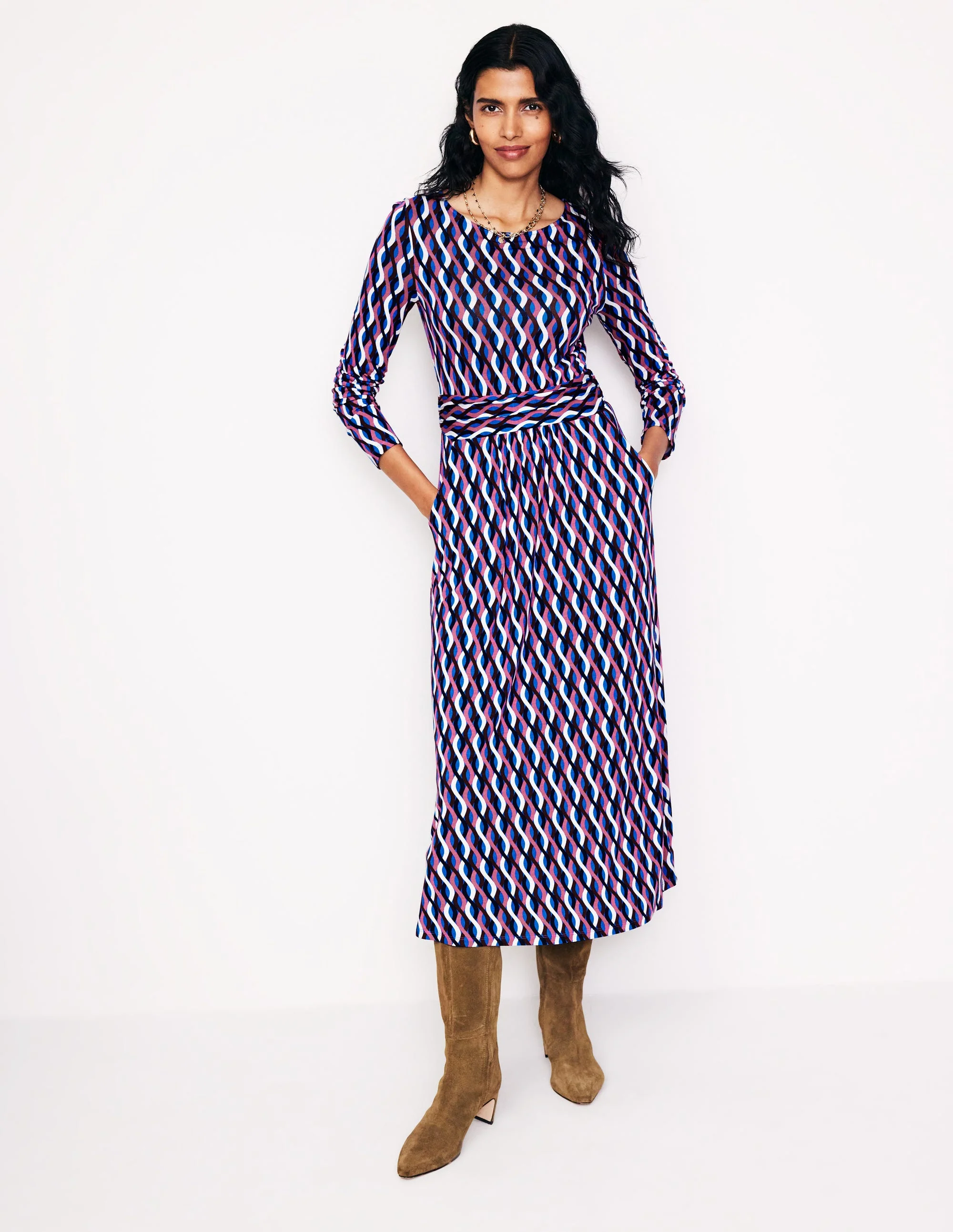 Amelie Langärmeliges Midikleid-Eisvogelblau, Gitterwelle - Image 4