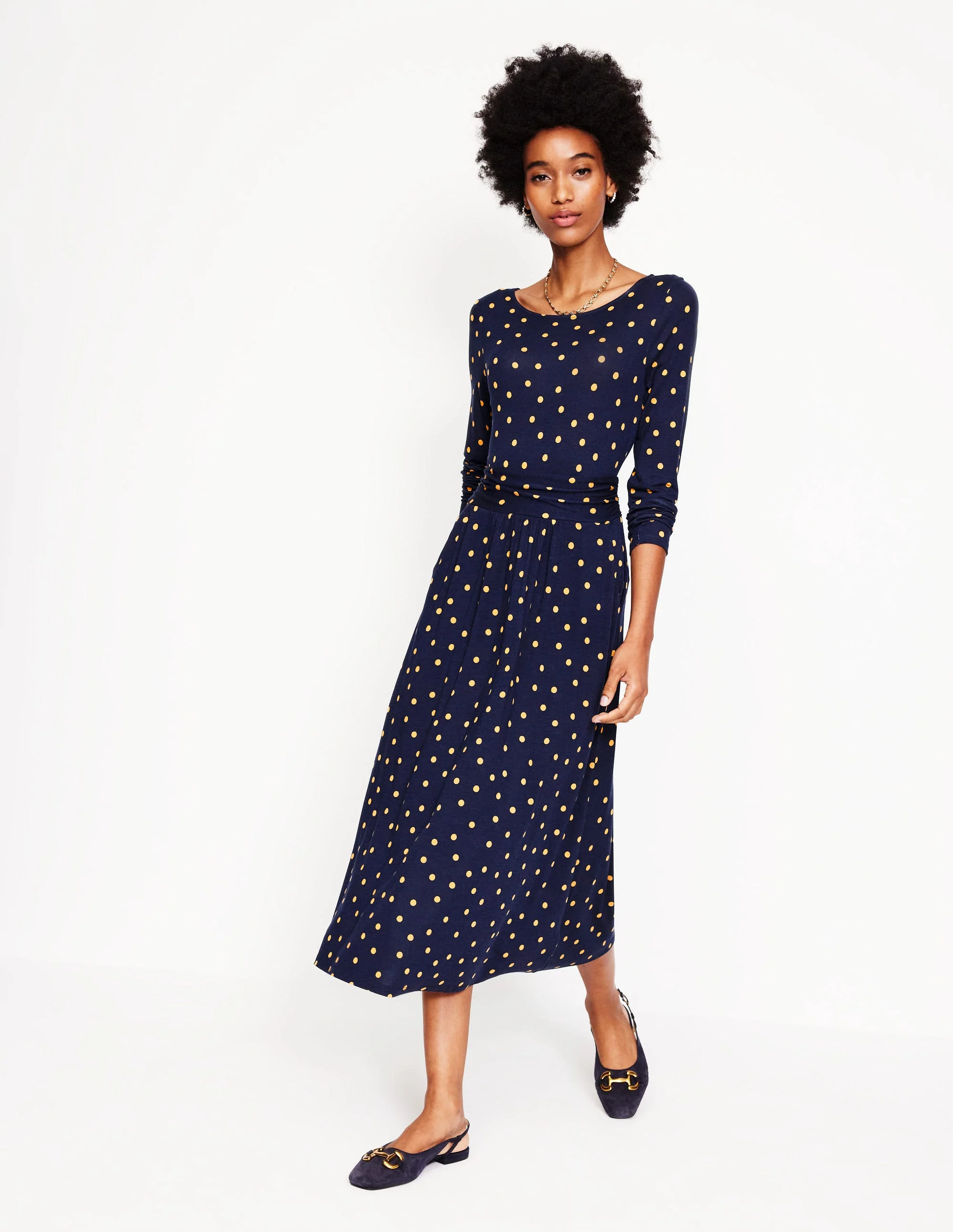 Amelie Langärmeliges Midikleid-Marineblau, Einzelne Punkte - Image 4