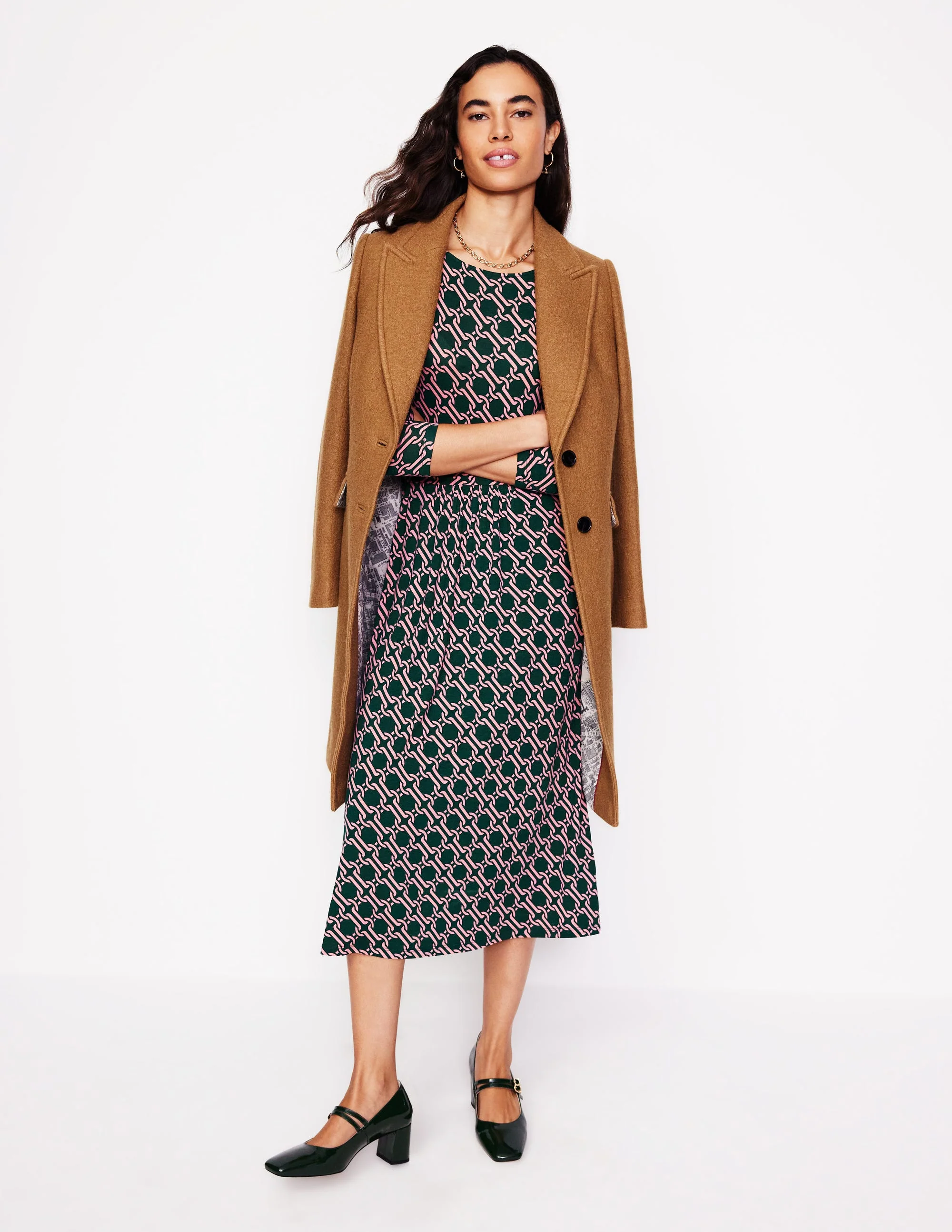 Amelie Langärmeliges Midikleid-Waldwiese, Motiv Chain Geo