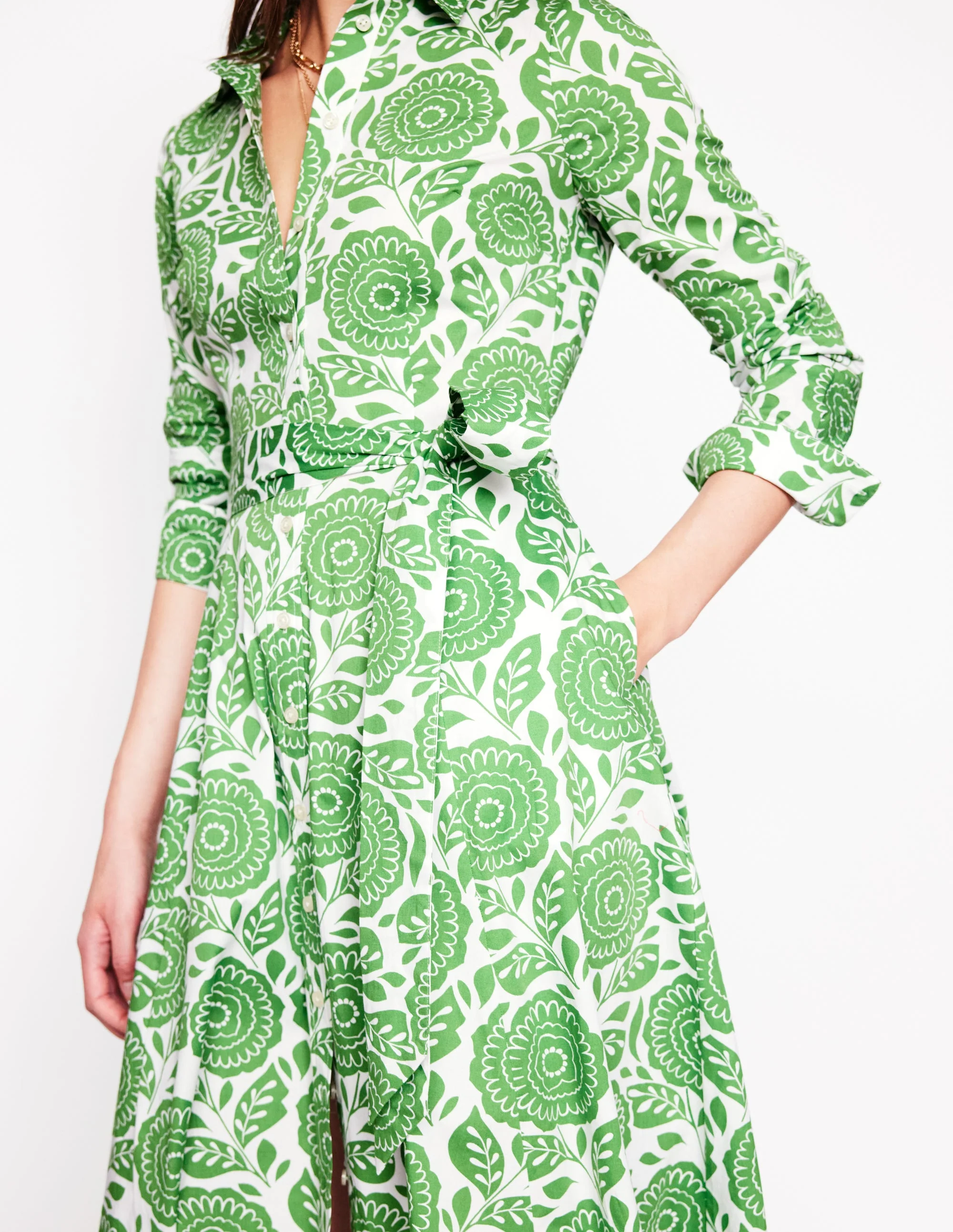 Amy Midi-Hemdblusenkleid aus Baumwolle-Paradiesgrün, Dahlienstempel - Image 3