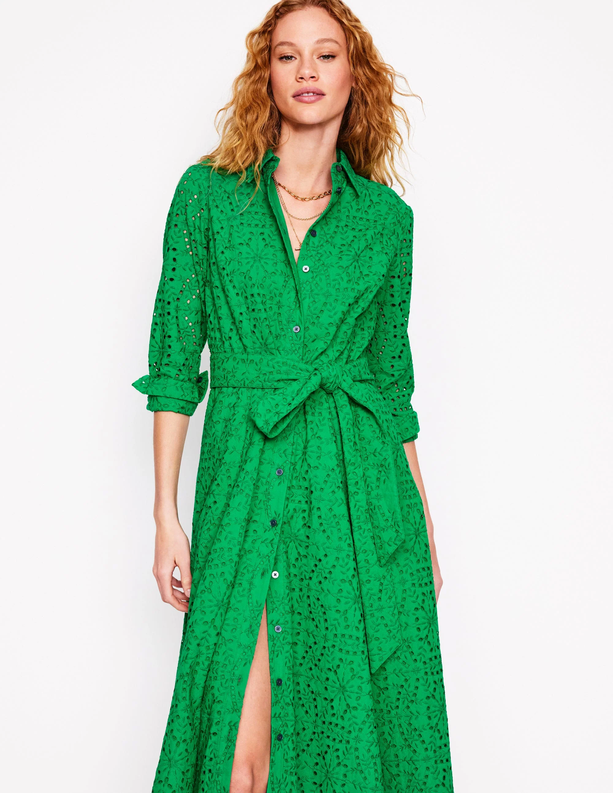 Amy Midi-Hemdblusenkleid mit Lochstickerei-Grünes Tamburin