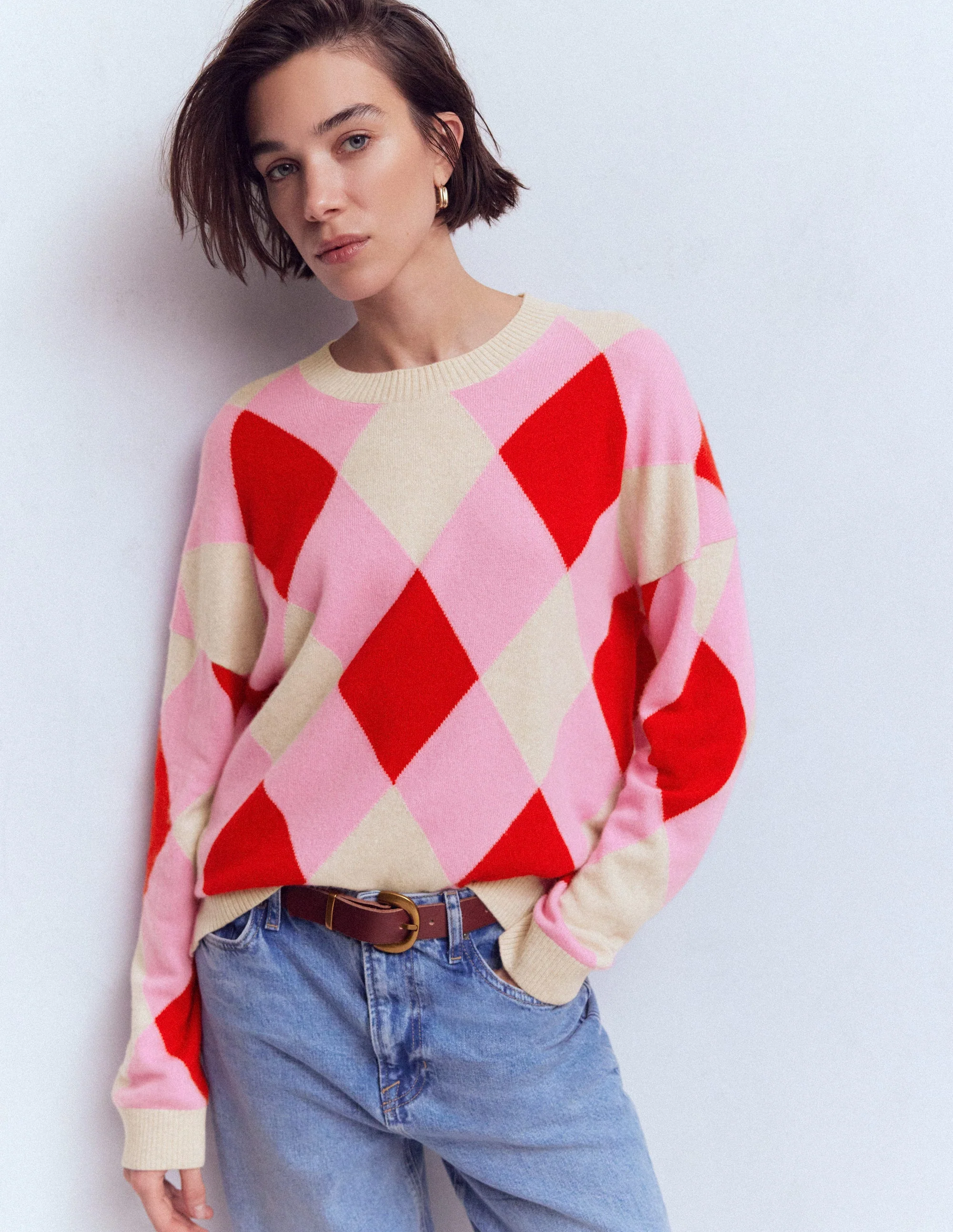 Anastasia Kaschmirpullover-Rot und Rosa Argyle - Image 4
