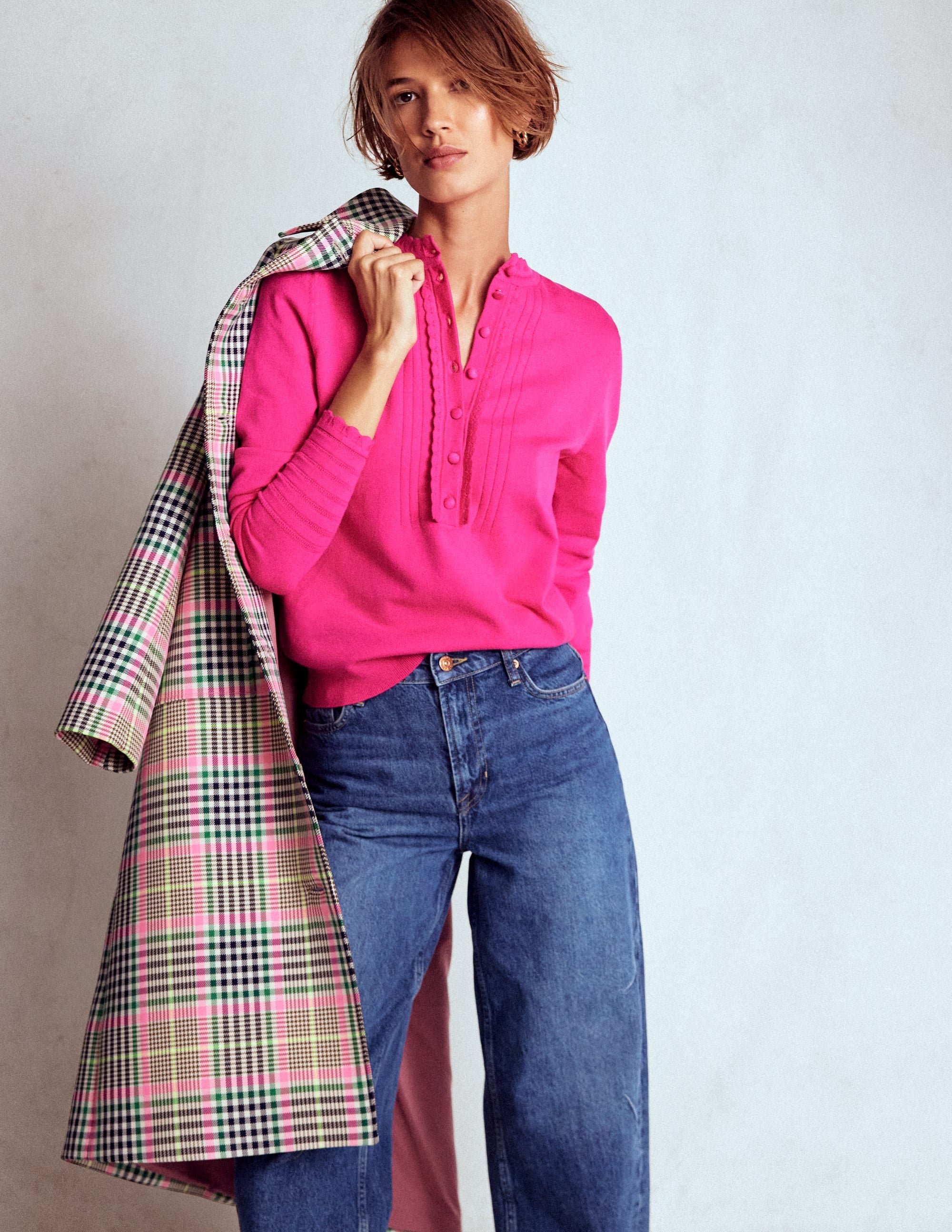 Angela Baumwollpullover mit Muschelsaum-Rosa Heide