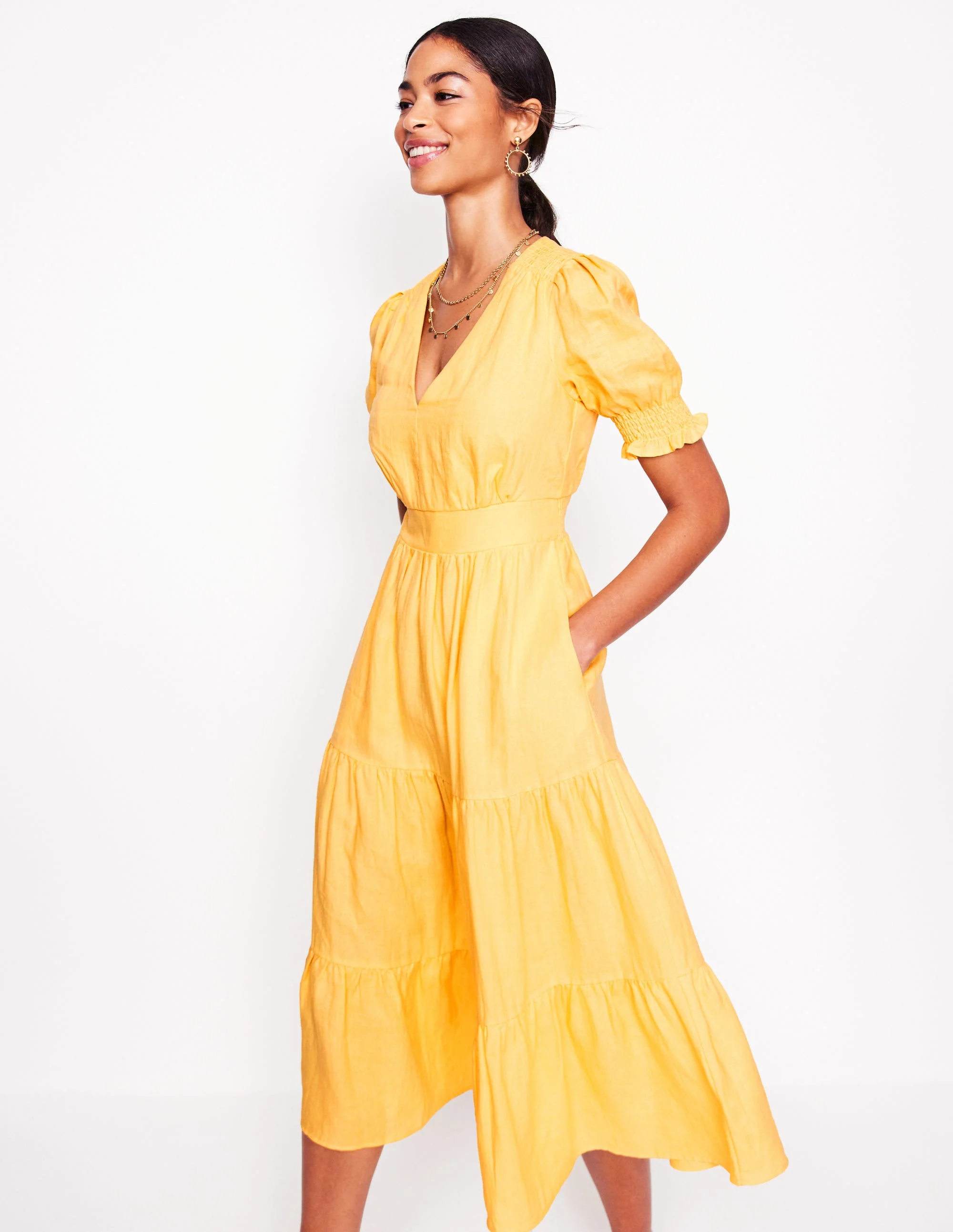 Anna Gestuftes Midikleid aus Leinen-Buttermilchgelb - Image 5