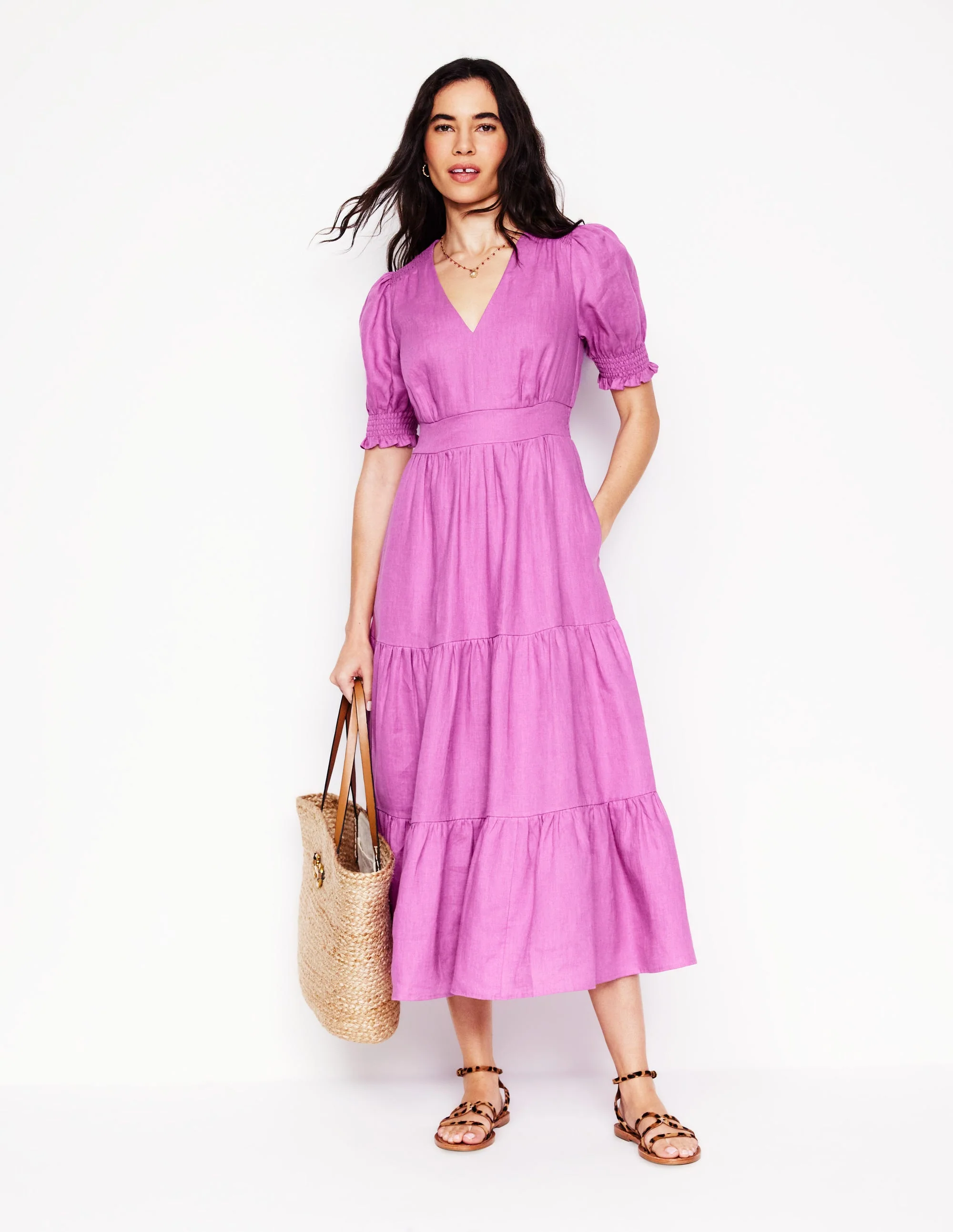 Anna Gestuftes Midikleid aus Leinen-Fingerhut-Lila - Image 4