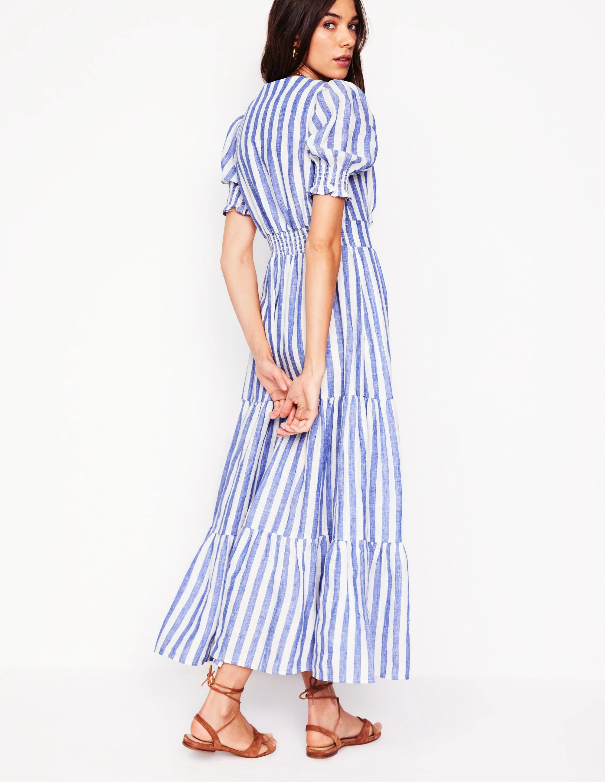Anna Gestuftes Midikleid aus Leinen-Hellblau, Gestreift - Image 3