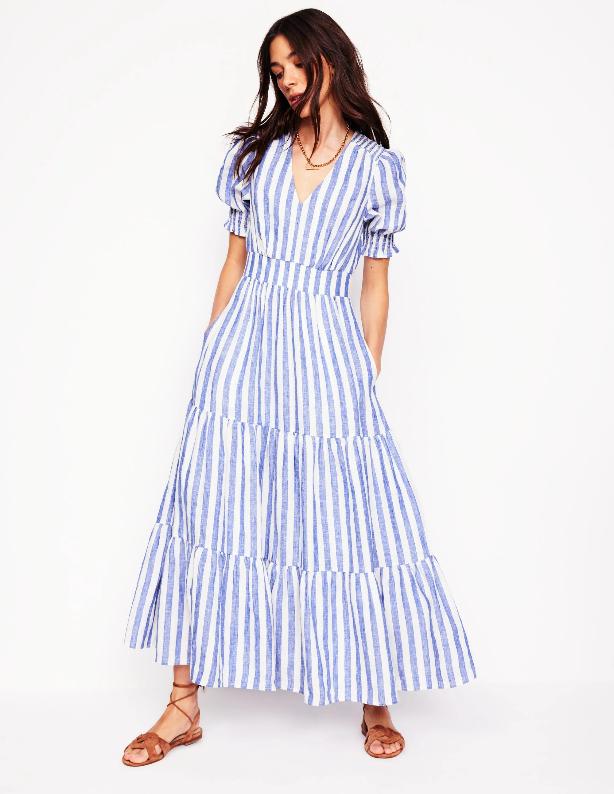 Anna Gestuftes Midikleid aus Leinen-Hellblau, Gestreift - Image 4