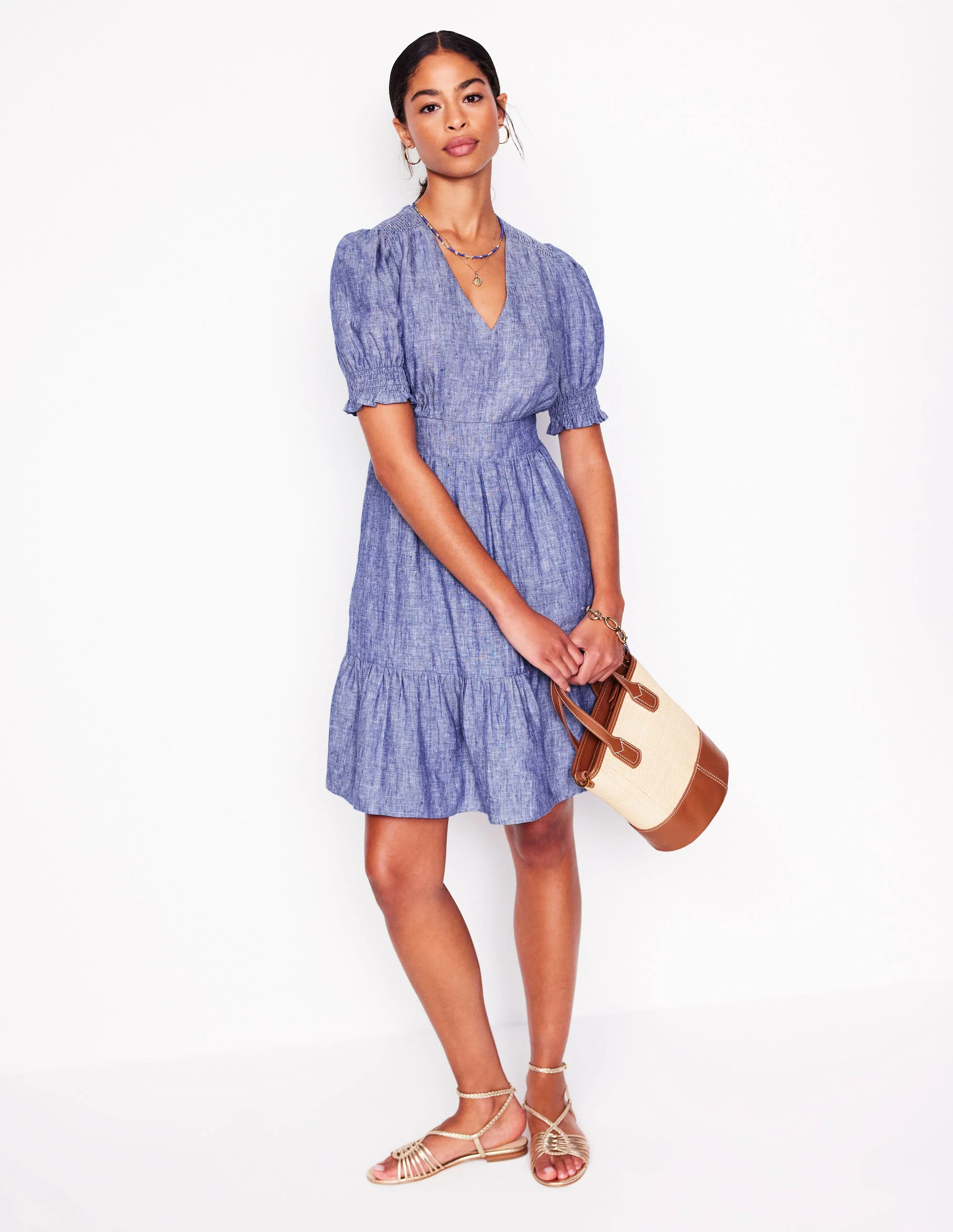 Anna Kurzes Leinenkleid-Authentisches Blau, Faux-Uni
