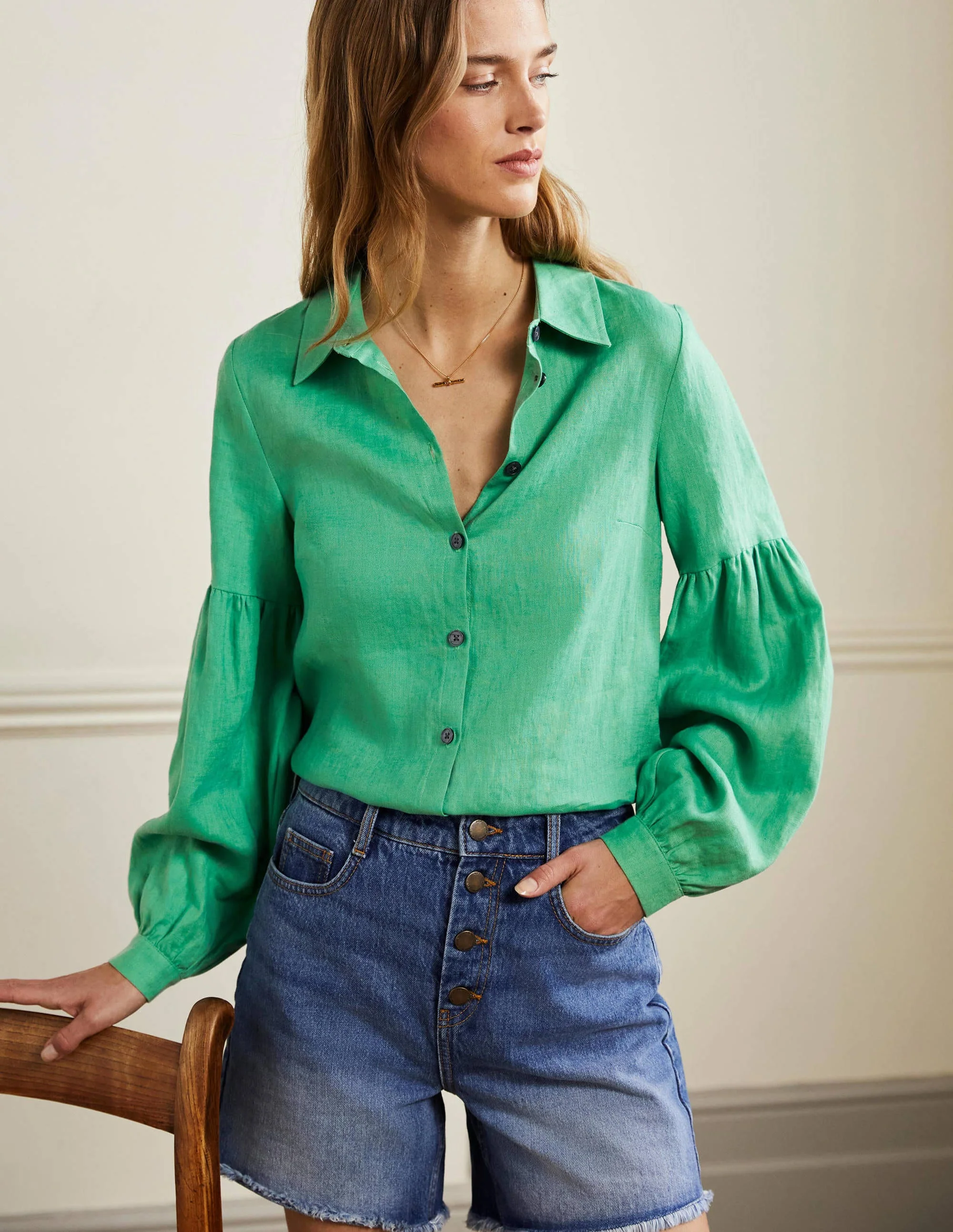 Anna Leinenhemd mit Blousonärmeln-Grüne Lagune - Image 4