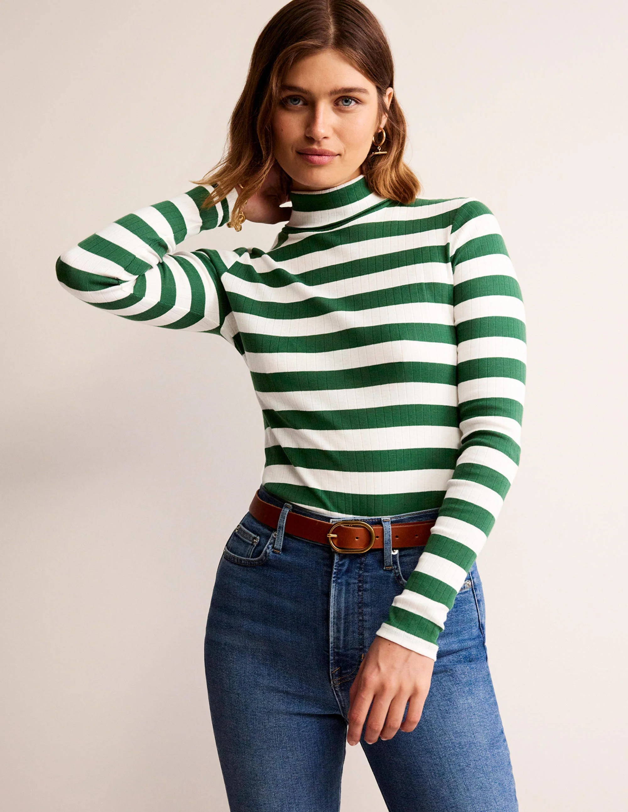 Anna Oberteil aus Rippstrick mit Rollkragen-Amazonasgrün, Naturweiß - Image 4