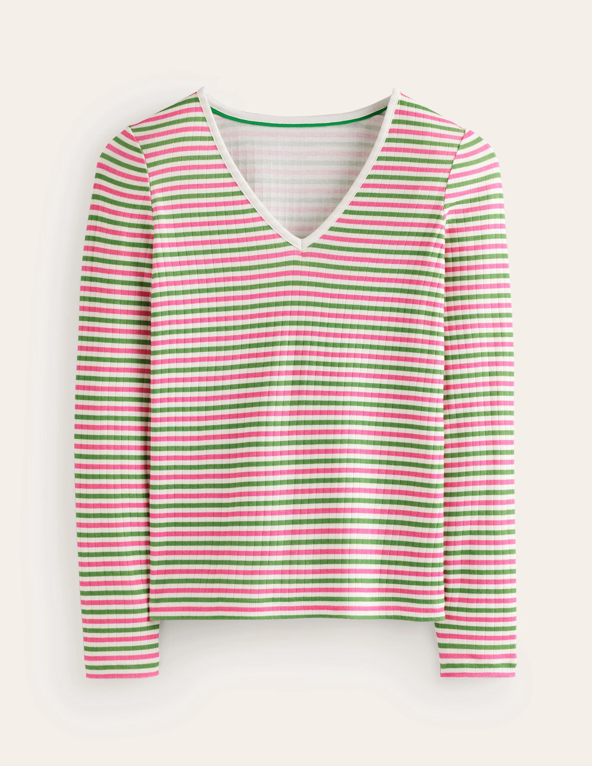 Anna T-Shirt aus Rippstrick mit V-Ausschnitt-Grün, Rosa Streifen - Image 5