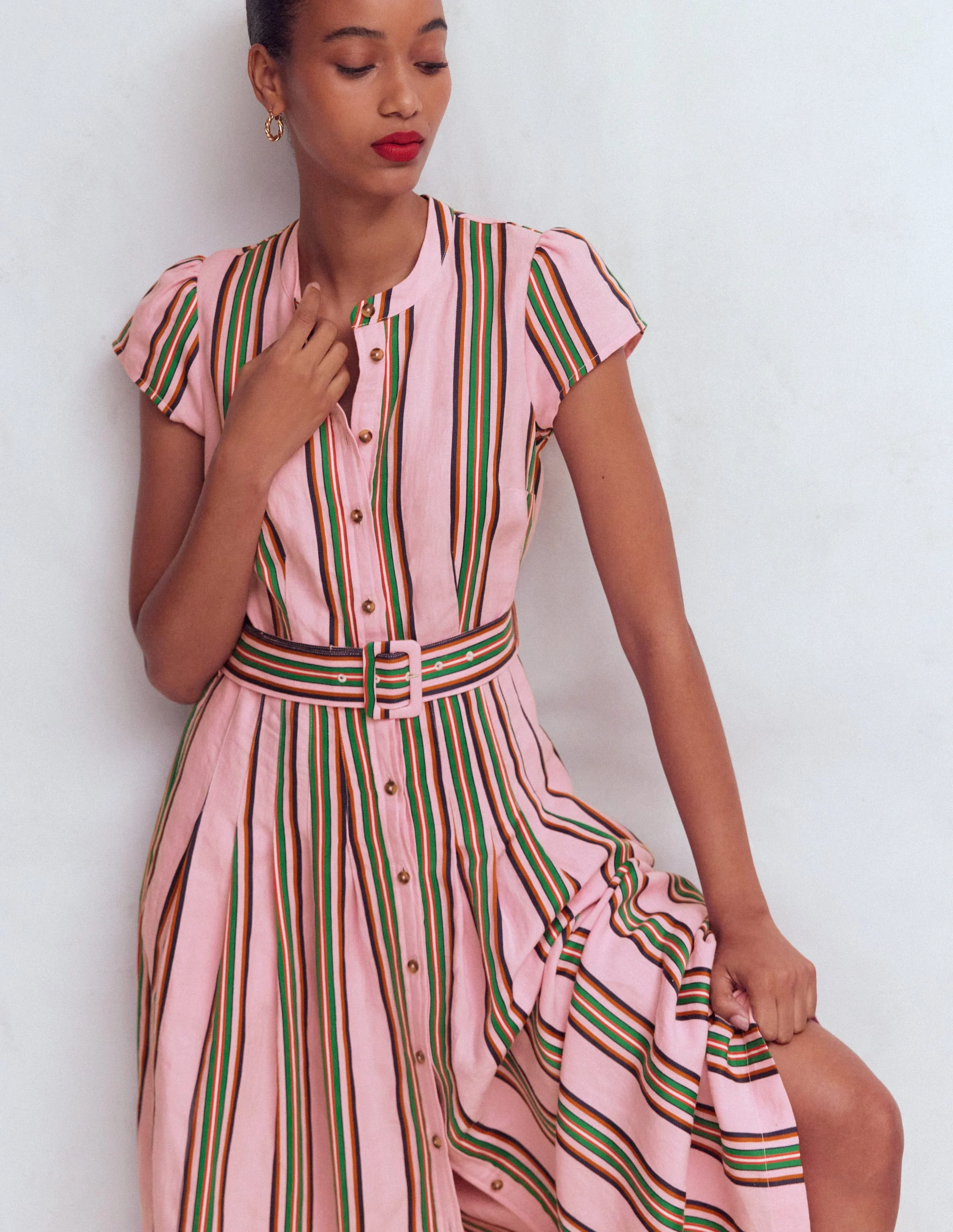 Arabella Kleid aus Leinenmischgewebe-Rosa, Sattes Smaragdgrün Streifen - Image 4