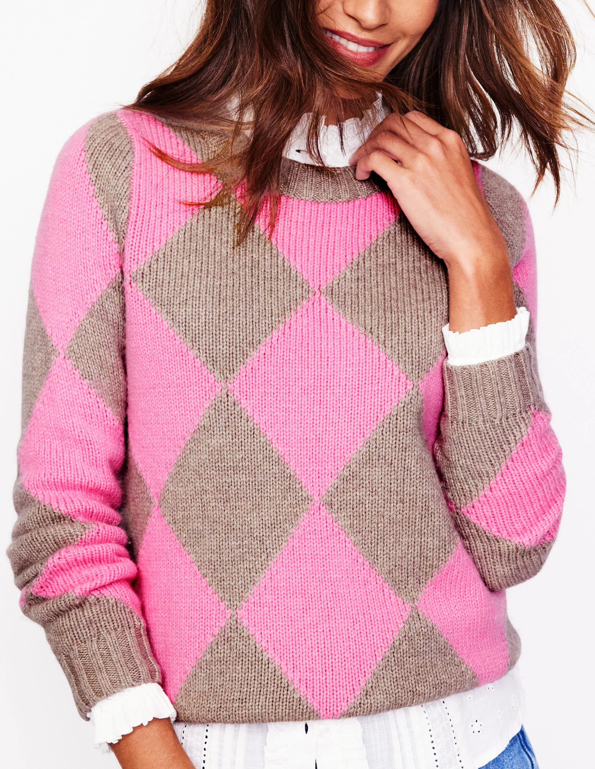 Argyle-Pullover mit Rundhalsausschnitt-Nerz Meliert, Rosa - Image 2