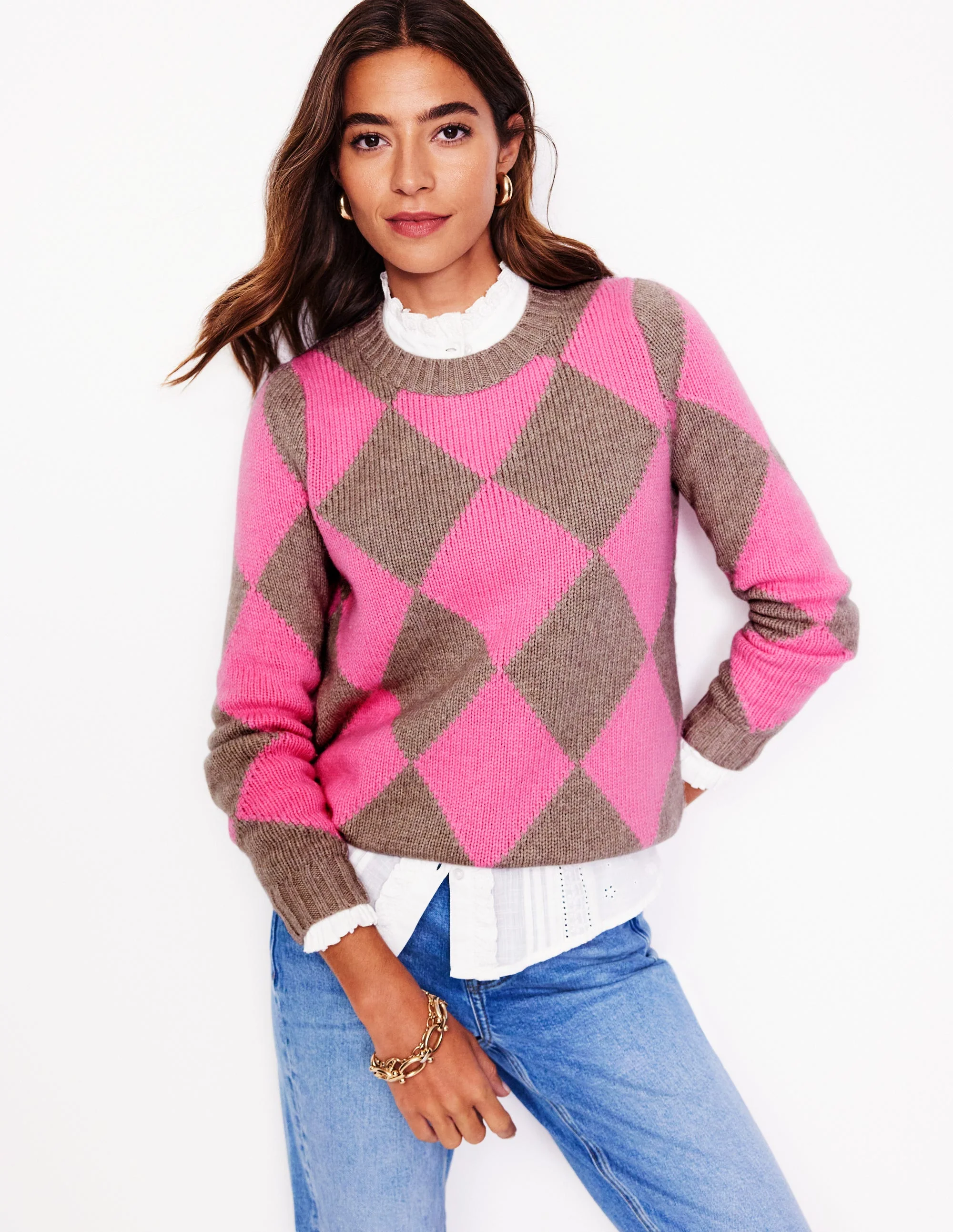 Argyle-Pullover mit Rundhalsausschnitt-Nerz Meliert, Rosa - Image 4