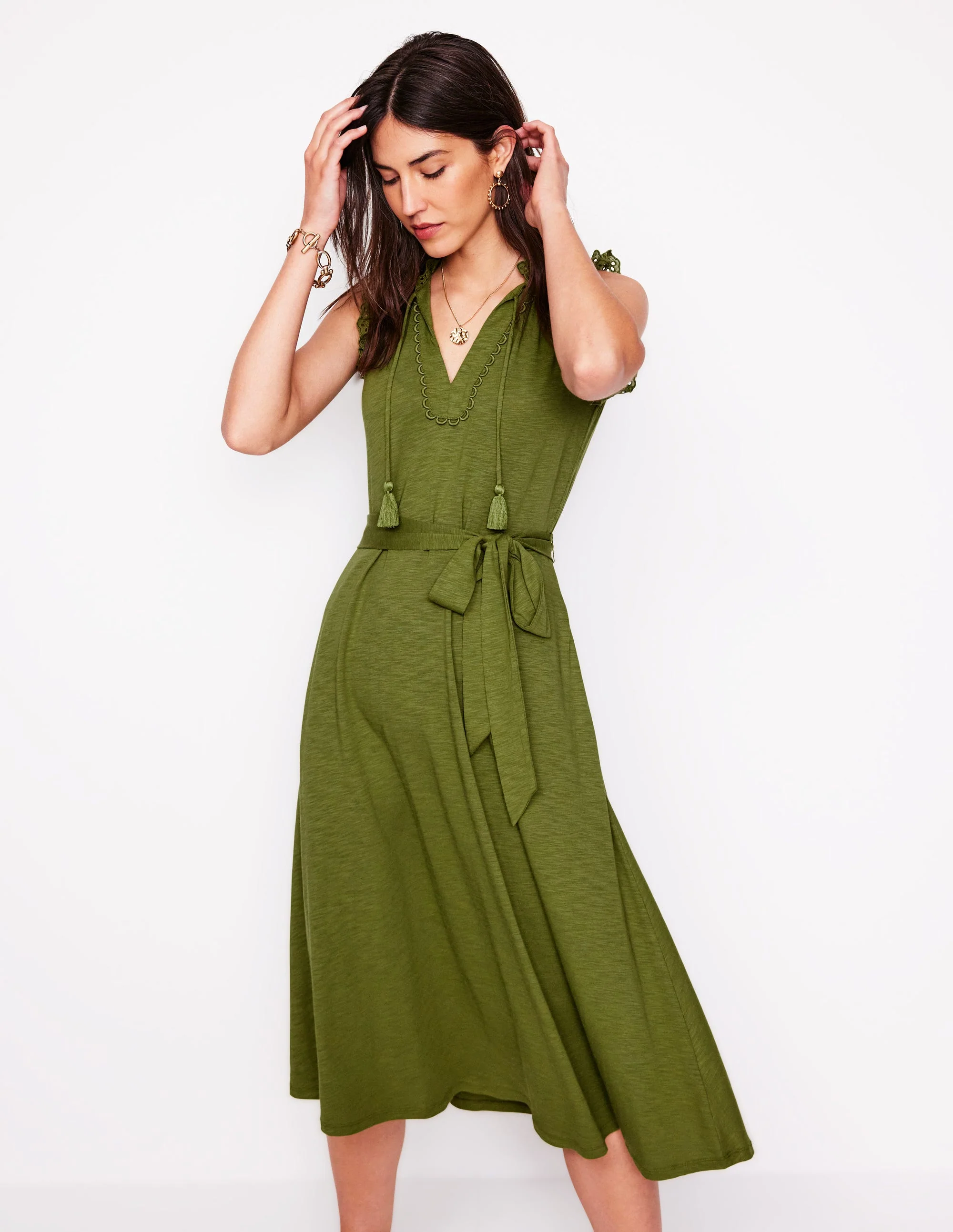 Aria Midikleid mit Lochstickerei-Besatz-Dunkles Olivgrün - Image 4