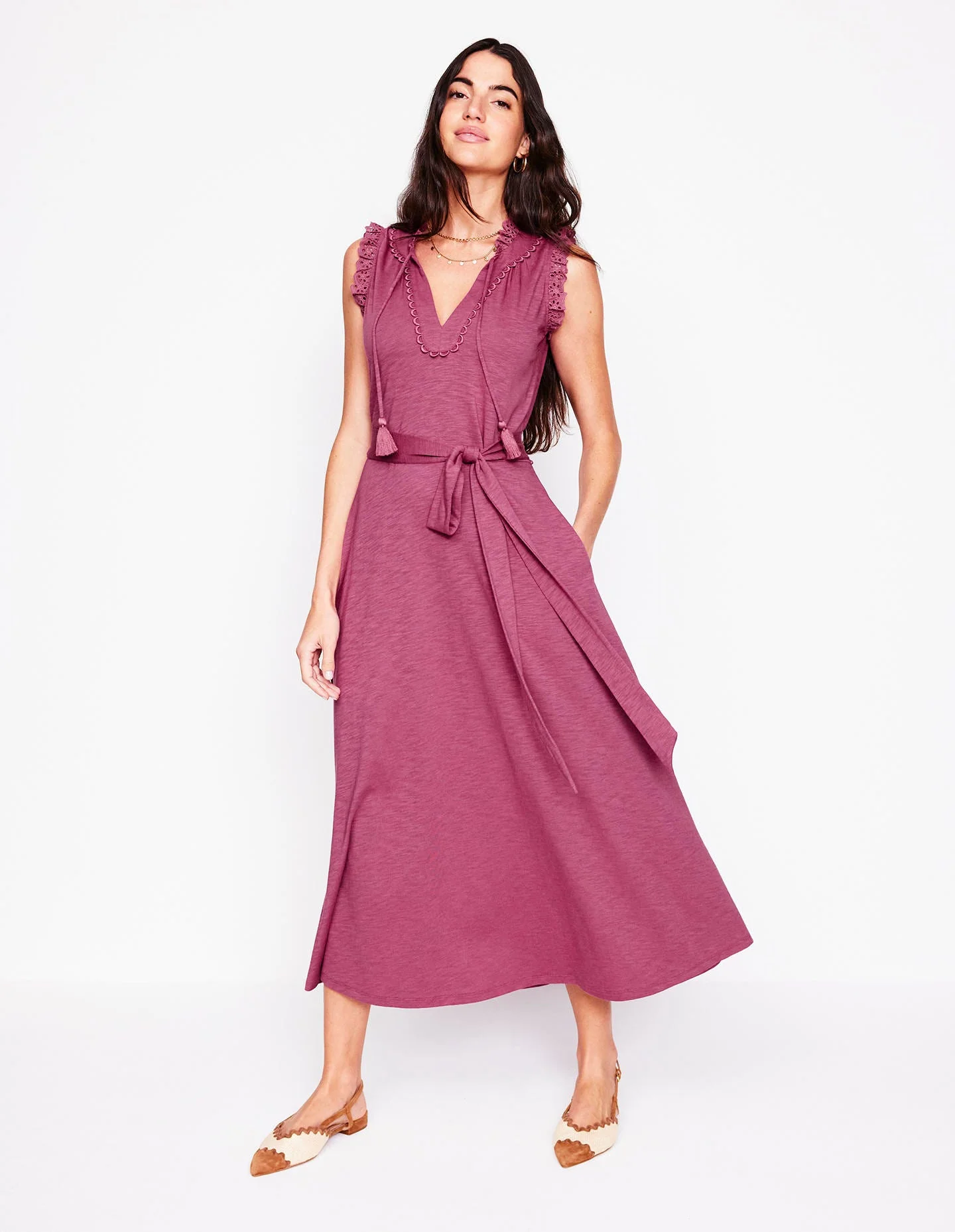 Aria Midikleid mit Lochstickerei-Besatz-Pflaumenviolett