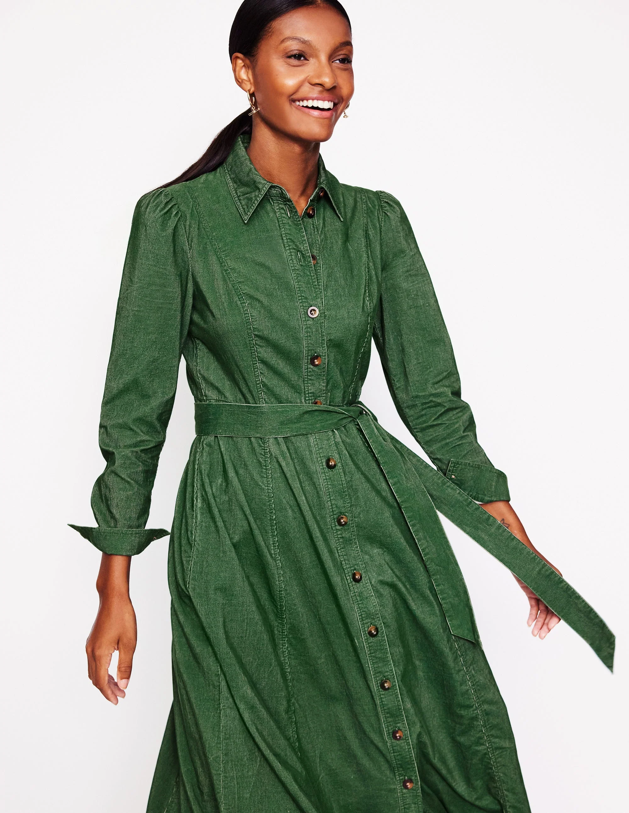 Aubrey Midi-Hemdblusenkleid aus Cord-Dunkelgrün