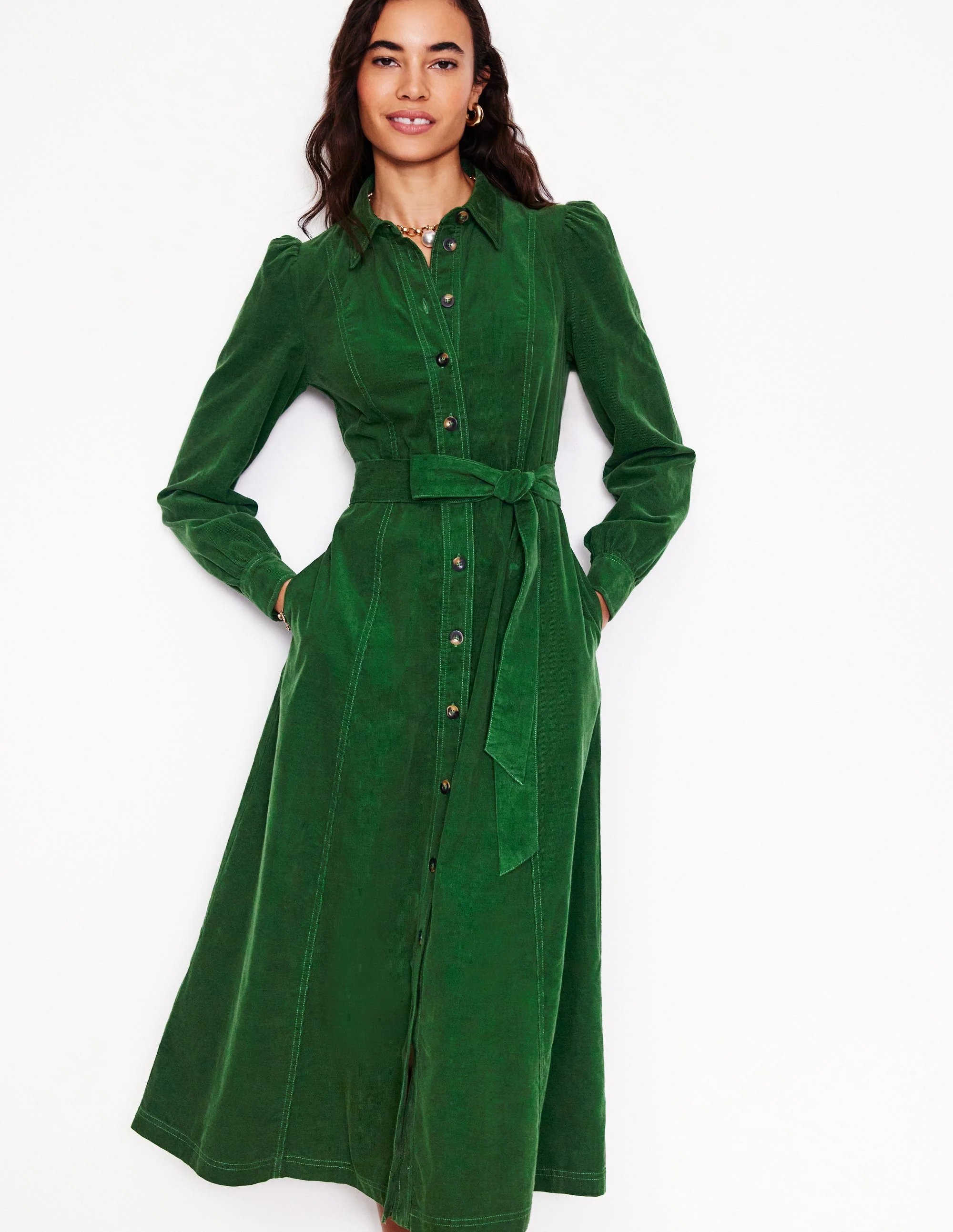 Aubrey Midi-Hemdblusenkleid aus Cord-Dunkelgrün