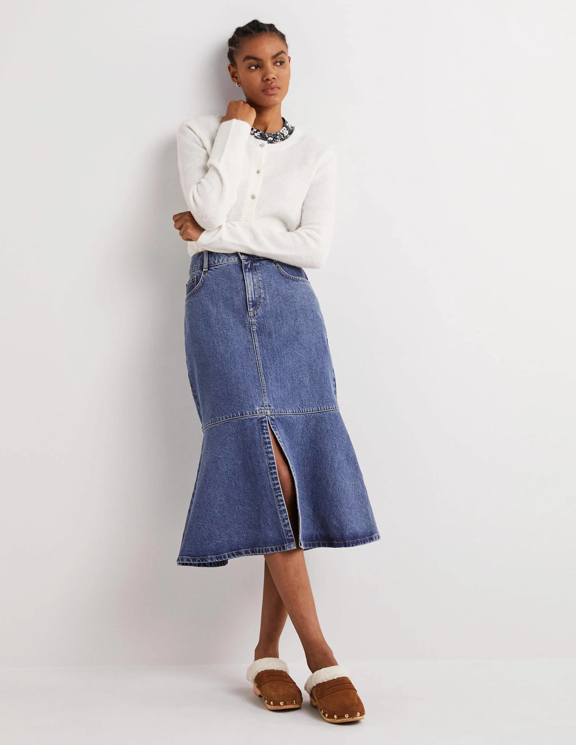 Ausgestellter Midirock aus Denim-Helles Vintageblau