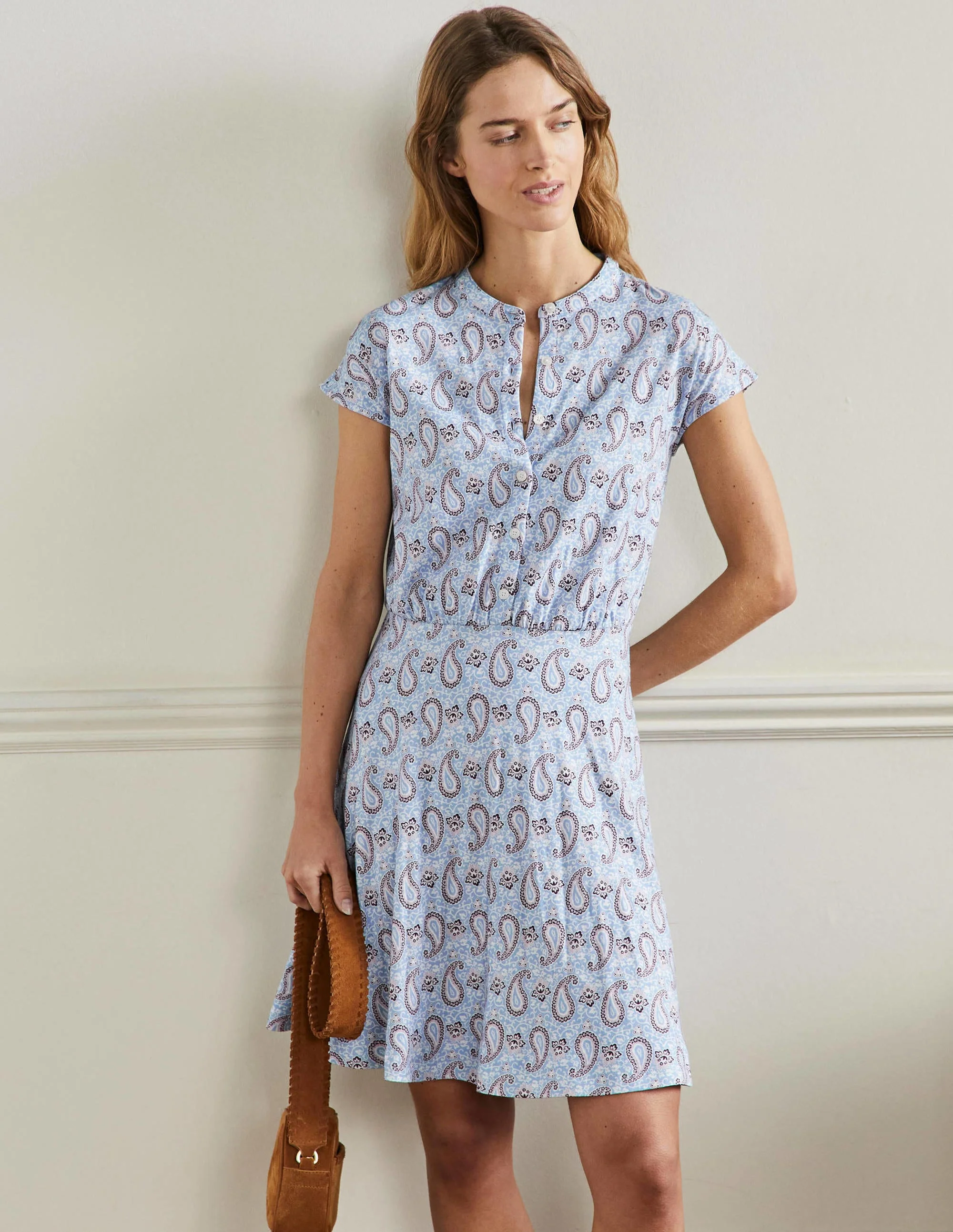 Ausgestelltes Jerseykleid-Graublau, Bezauberndes Paisleymuster