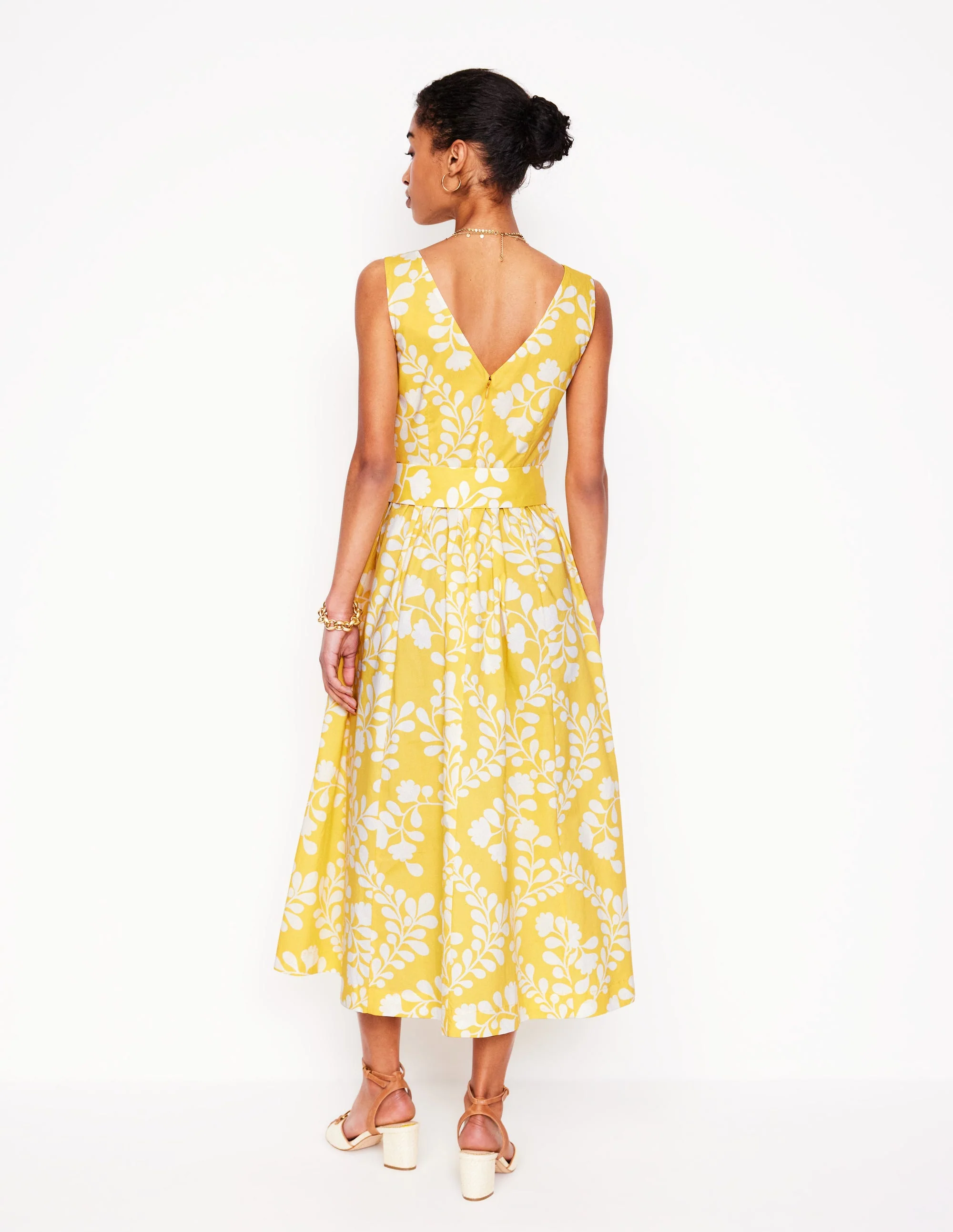 Ausgestelltes Kleid mit V-Ausschnitt und Gürtel-Gelb, Reben-Silhouette - Image 3