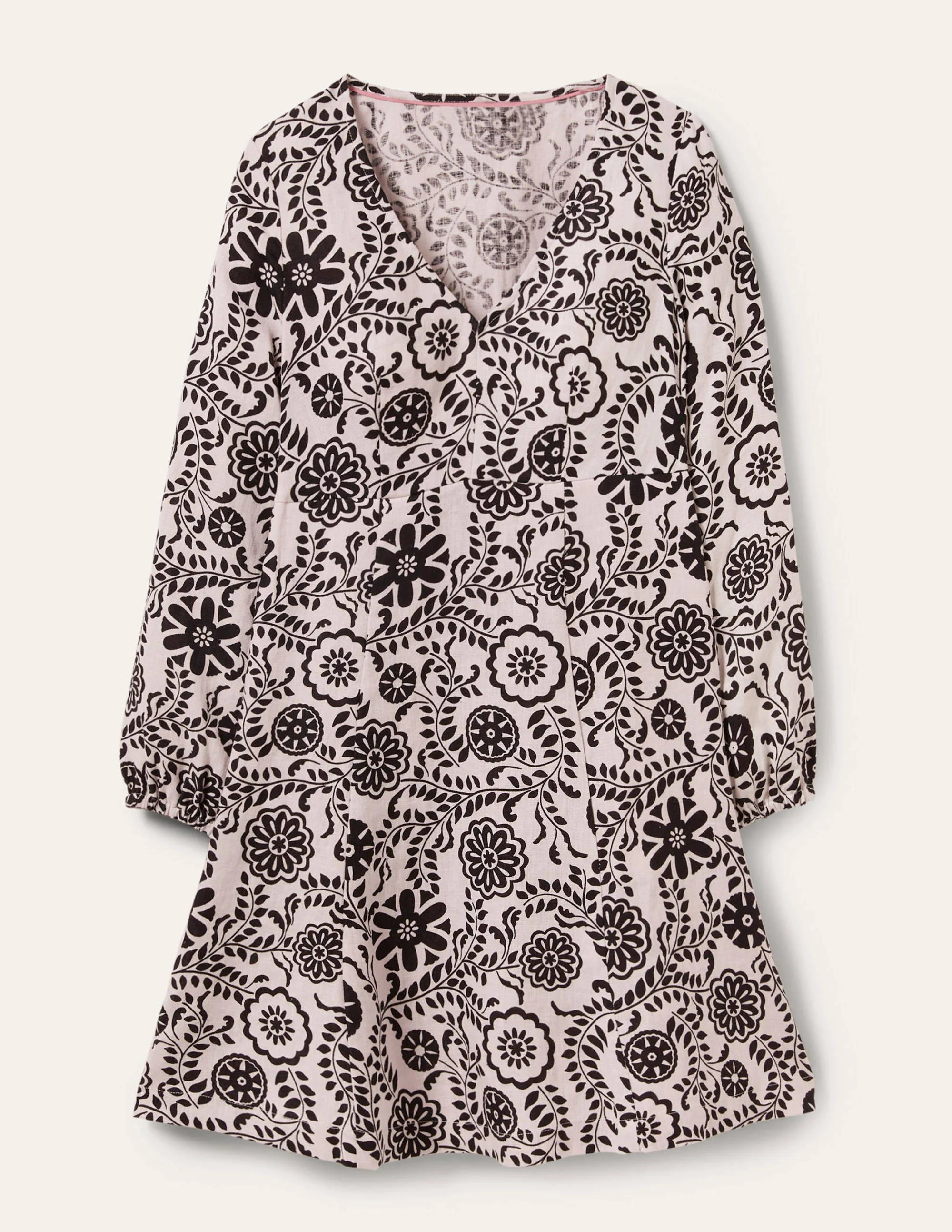 Ausgestelltes Minikleid mit V-Ausschnitt-Naturweiß/Schwarz, Üppiger Garten - Image 5