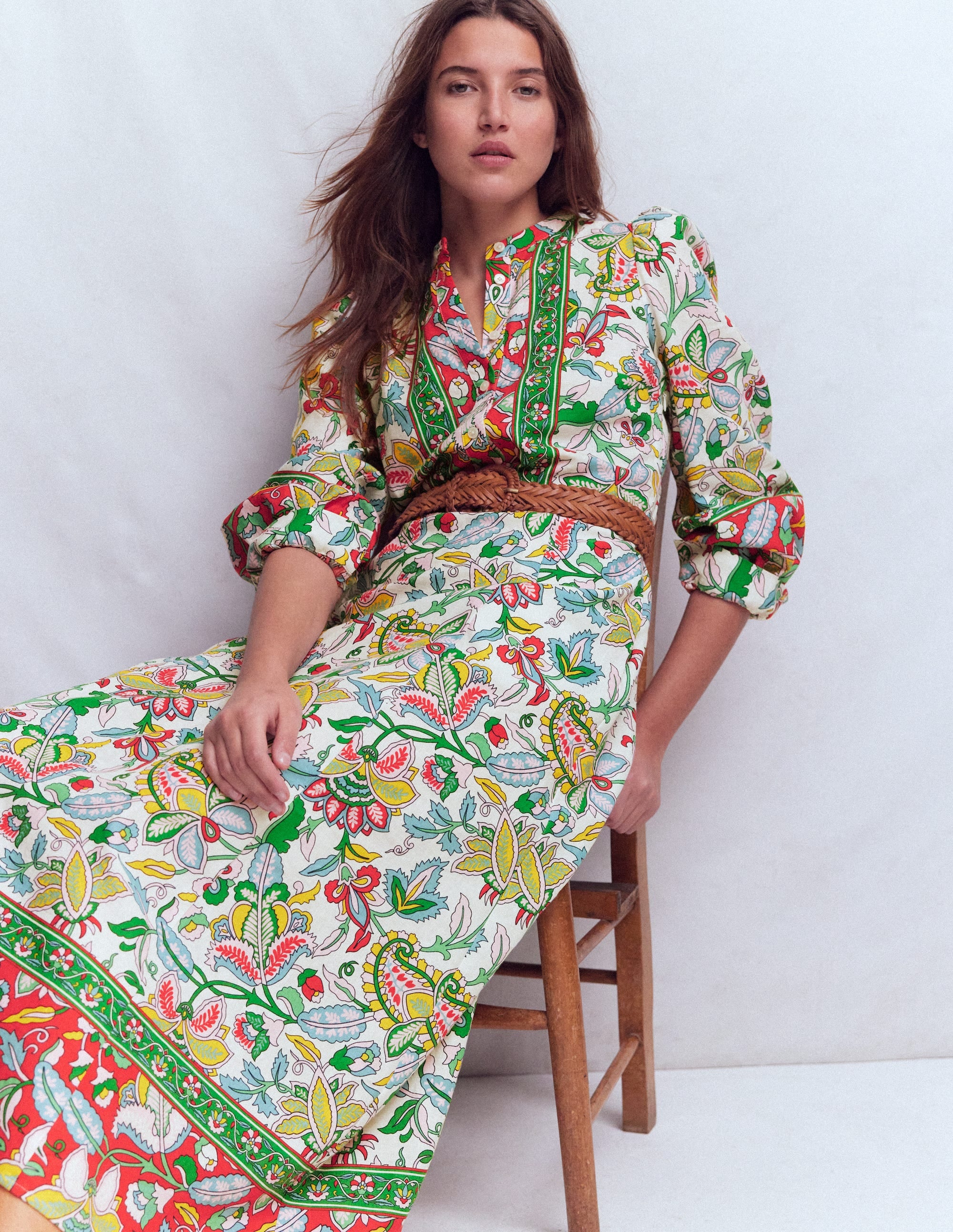 Ava Midikleid aus Leinenmischgewebe-Bunt, Botanisch Kaskadenartig