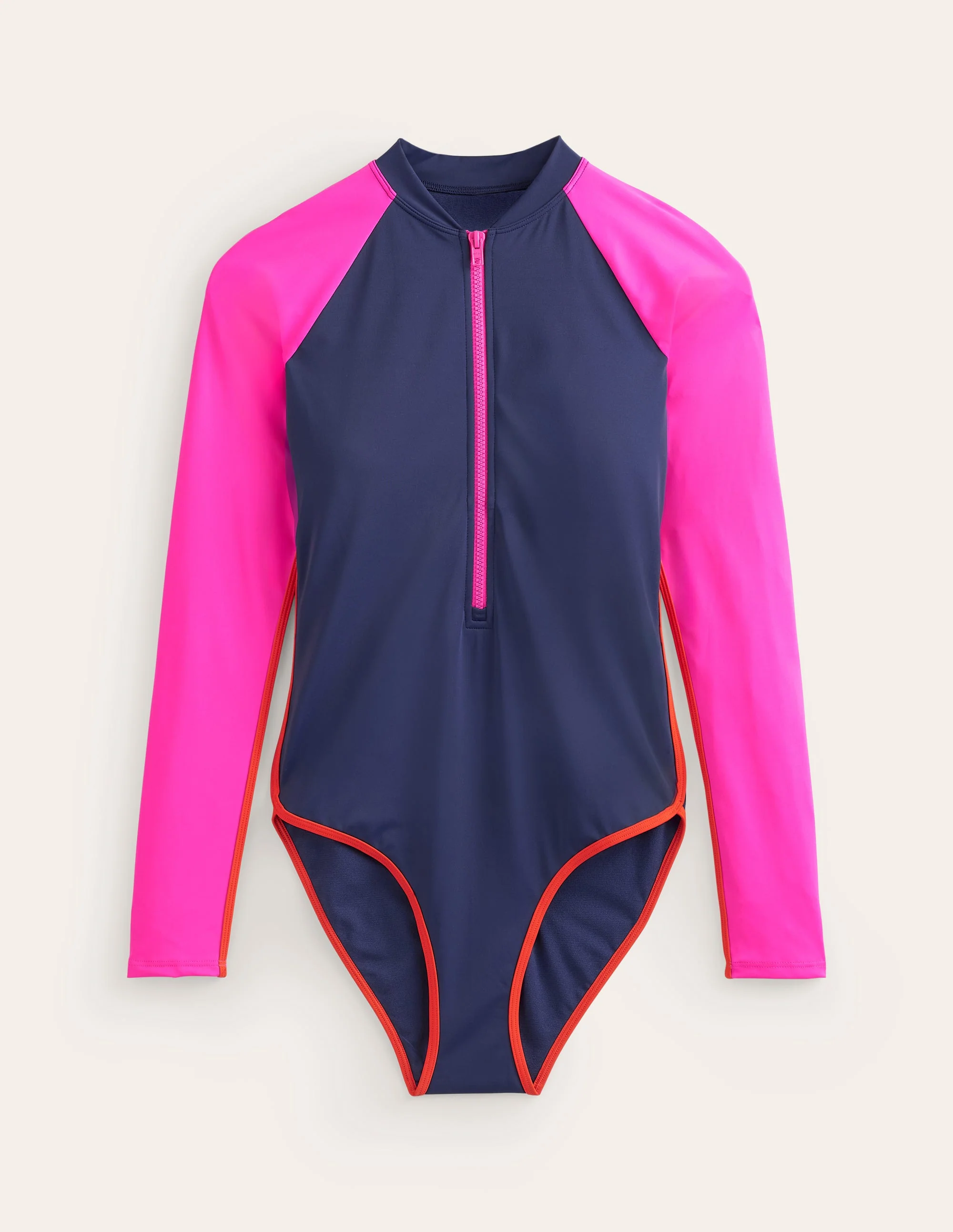 Badeanzug mit Paspelierung und Raglanärmeln-Marineblau/Super Rosa Blockfarben - Image 5