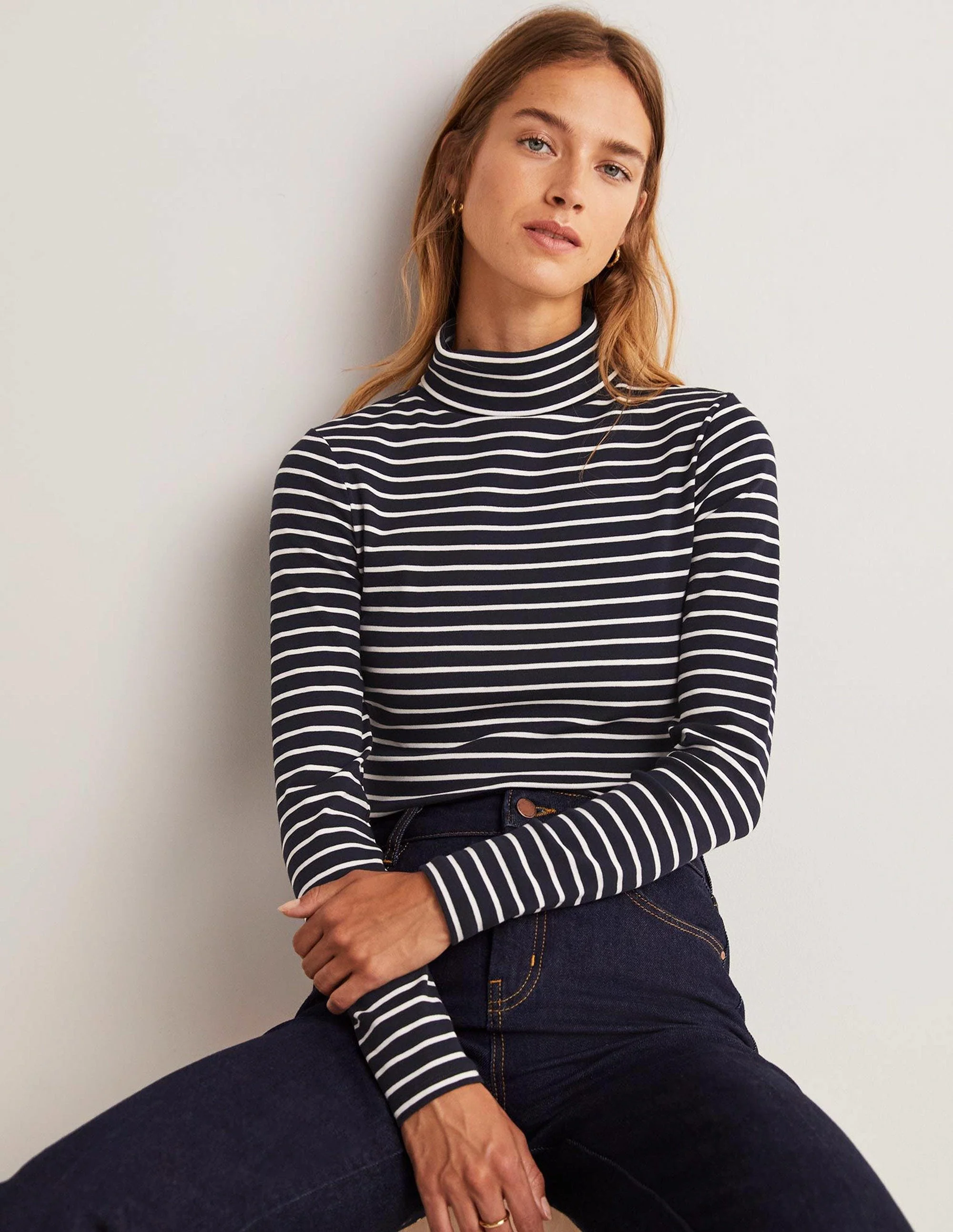 Basic-Rollkragenoberteil-Navy/Naturweiß, Gestreift