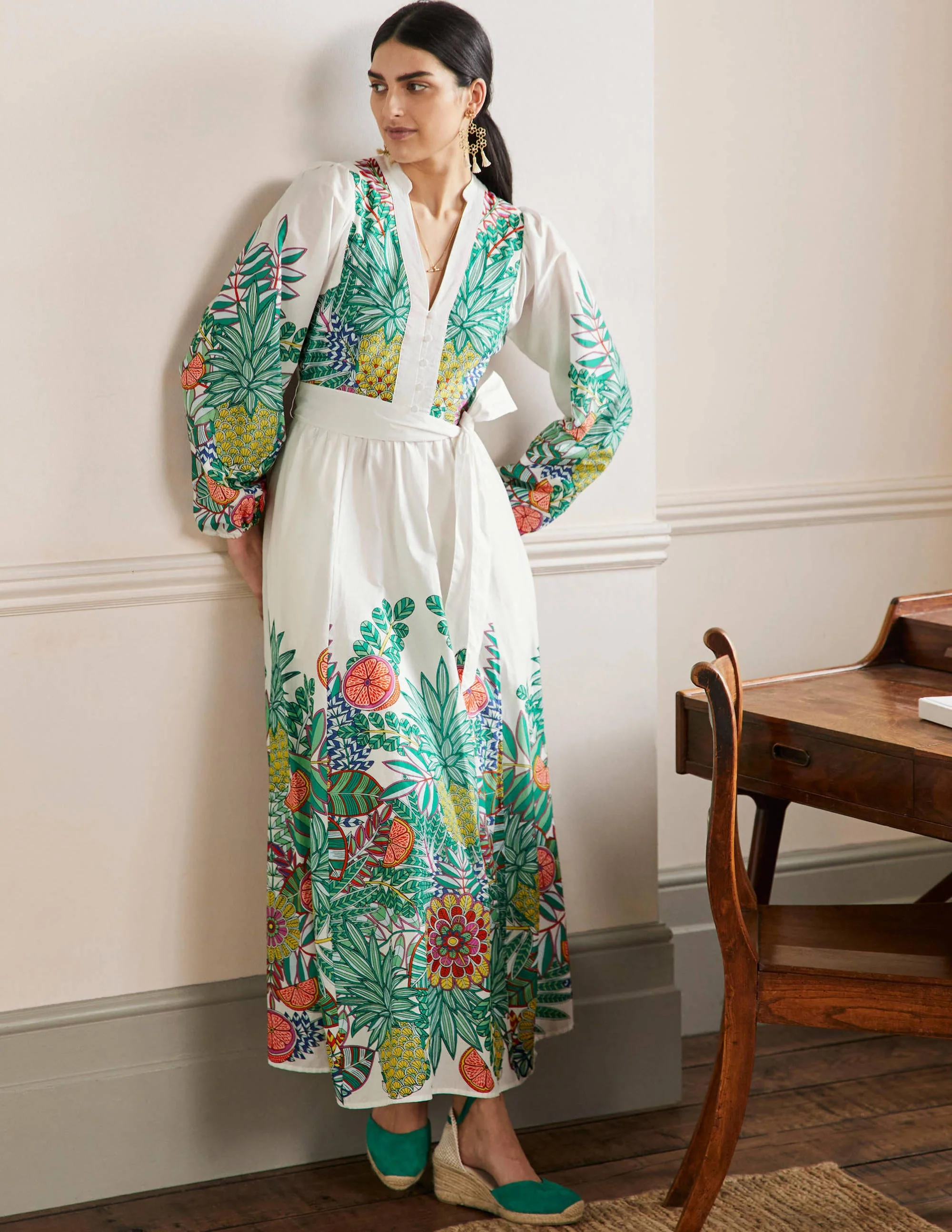 Baumwoll-Maxikleid mit gekerbtem Ausschnitt-Naturweiß, Ananas