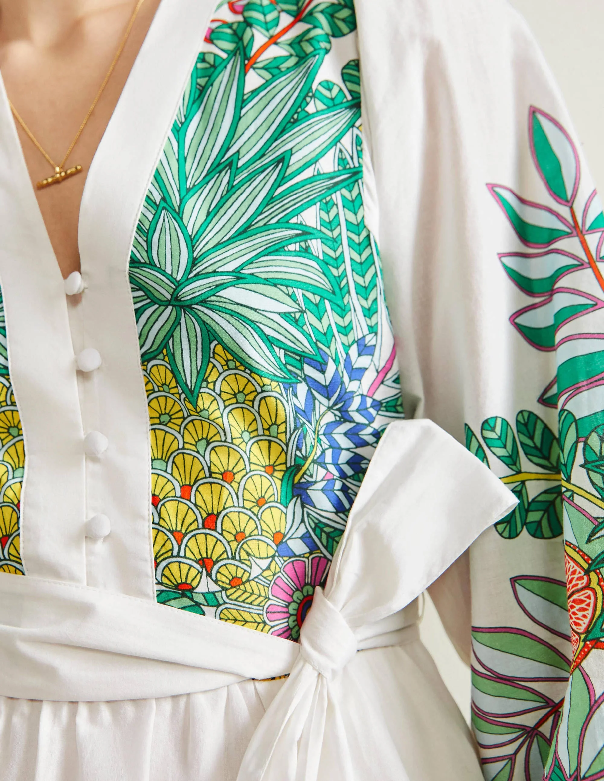 Baumwoll-Maxikleid mit gekerbtem Ausschnitt-Naturweiß, Ananas - Image 2