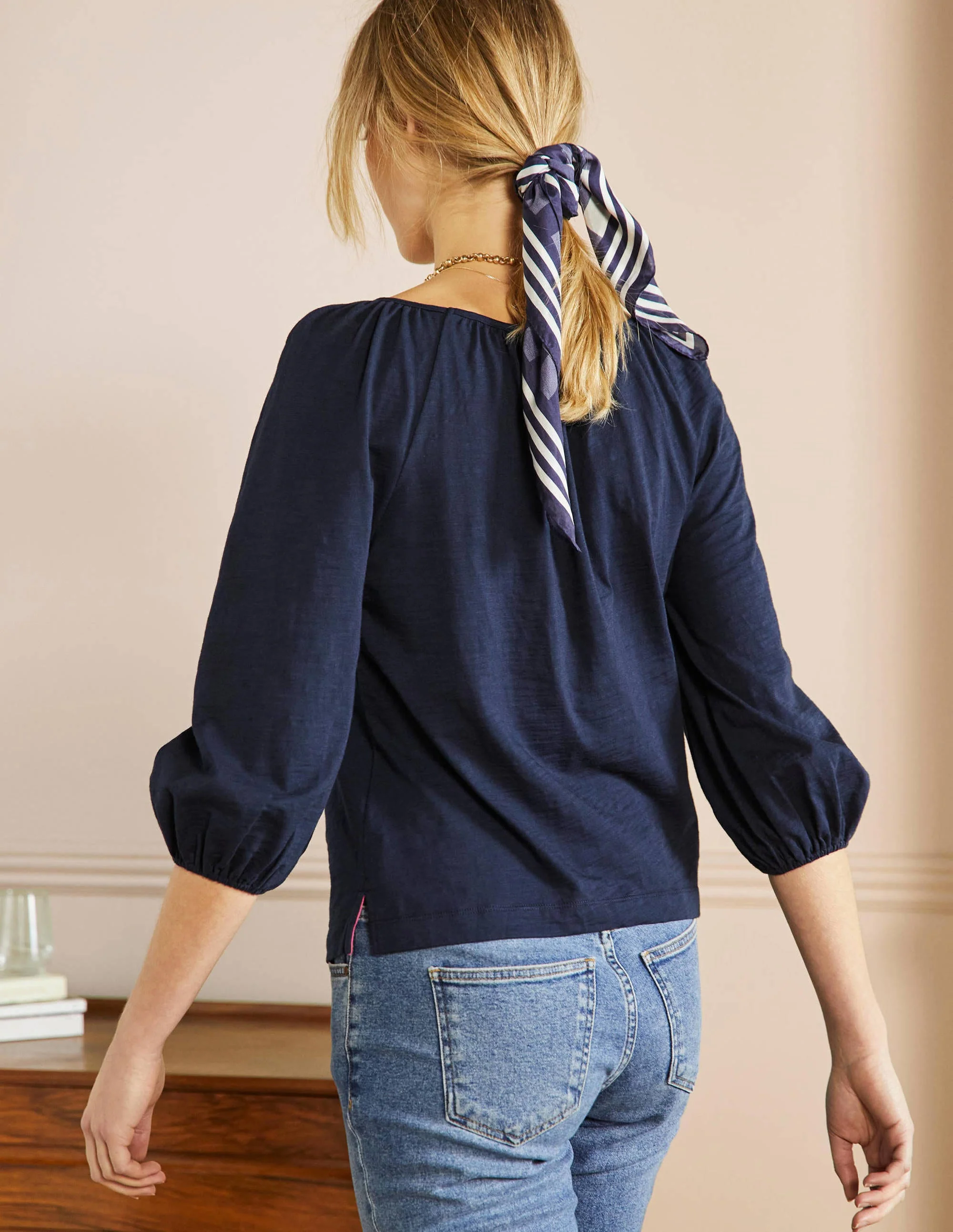 Baumwoll-Oberteil mit Blousonärmeln-Marineblau - Image 3