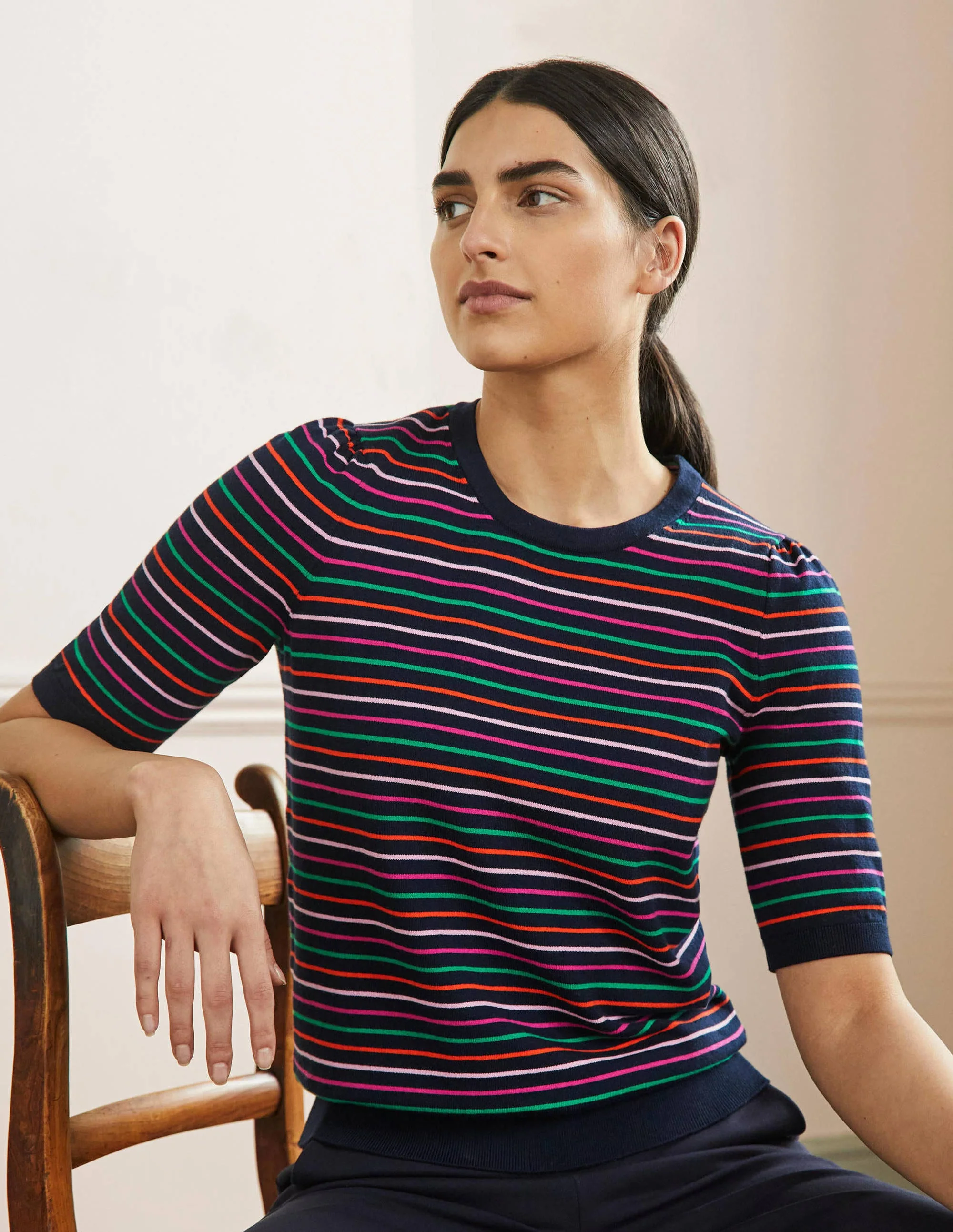 Baumwoll-Strickoberteil mit Rundhalsausschnitt-Navy/Bunt, Gestreift