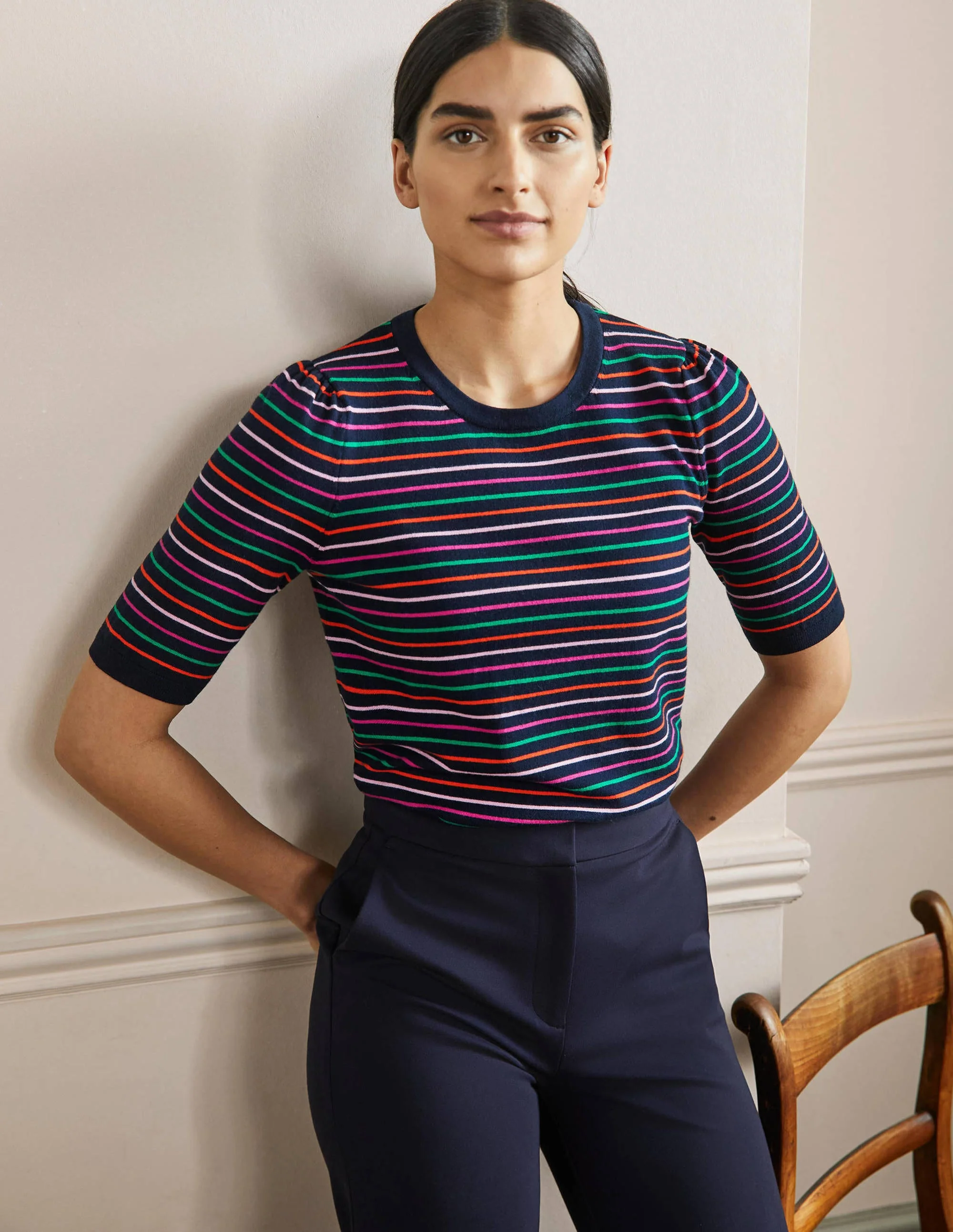 Baumwoll-Strickoberteil mit Rundhalsausschnitt-Navy/Bunt, Gestreift - Image 4