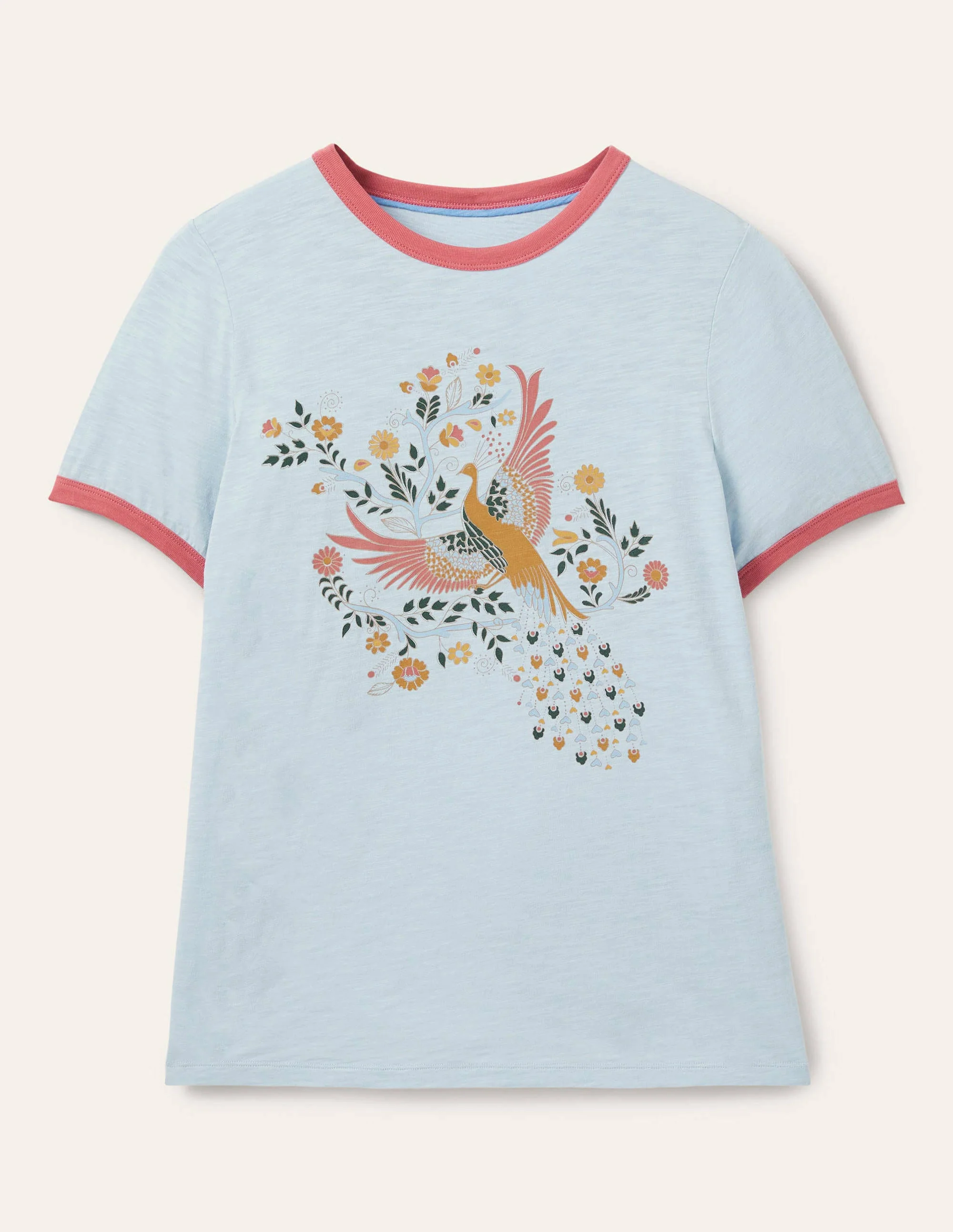 Baumwoll-T-Shirt mit kontrastierenden Rippbündchen-Blau, Bezaubernder Pfau - Image 5