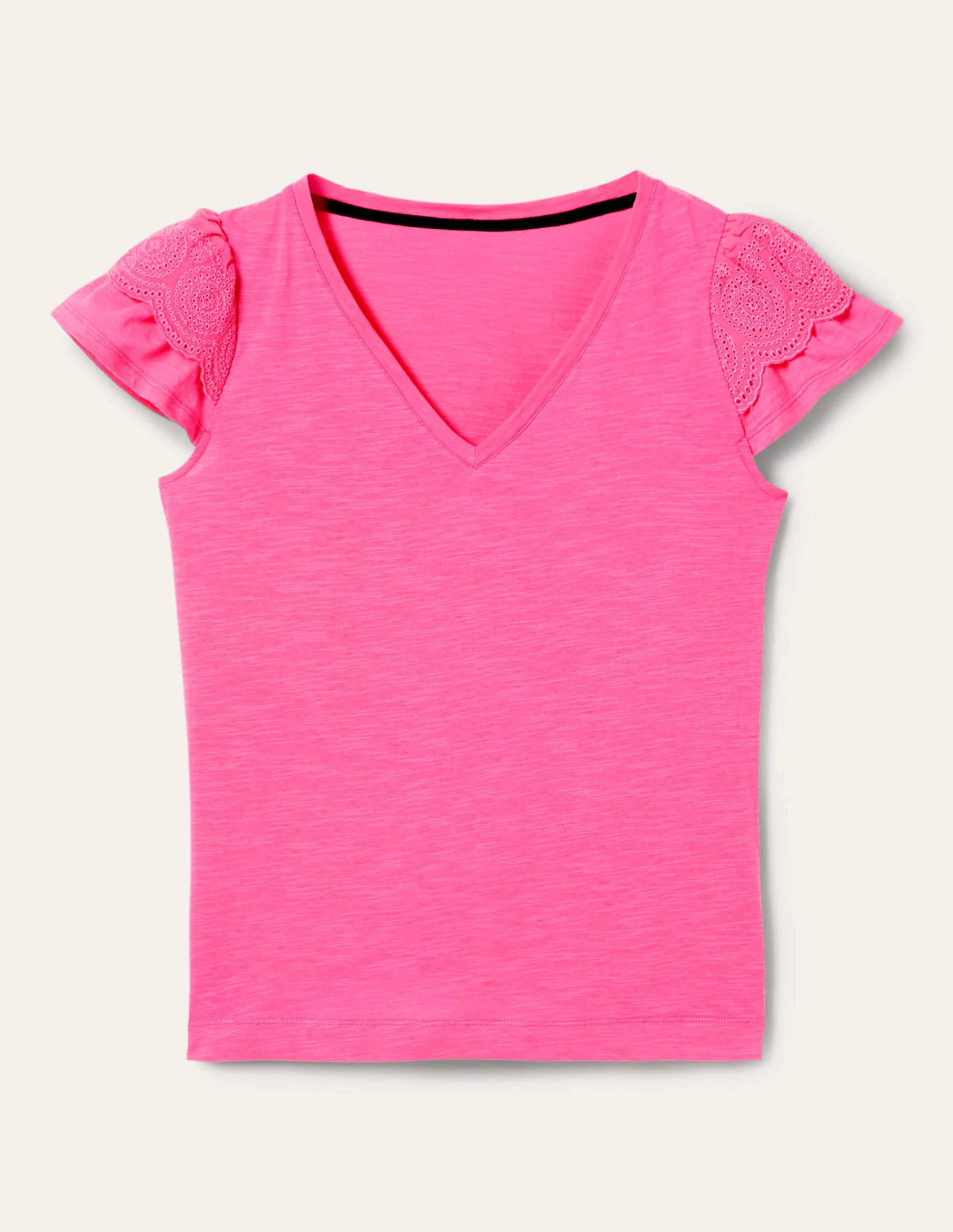 Baumwoll-T-Shirt mit V-Ausschnitt und Lockstickerei-Festivalrosa - Image 5