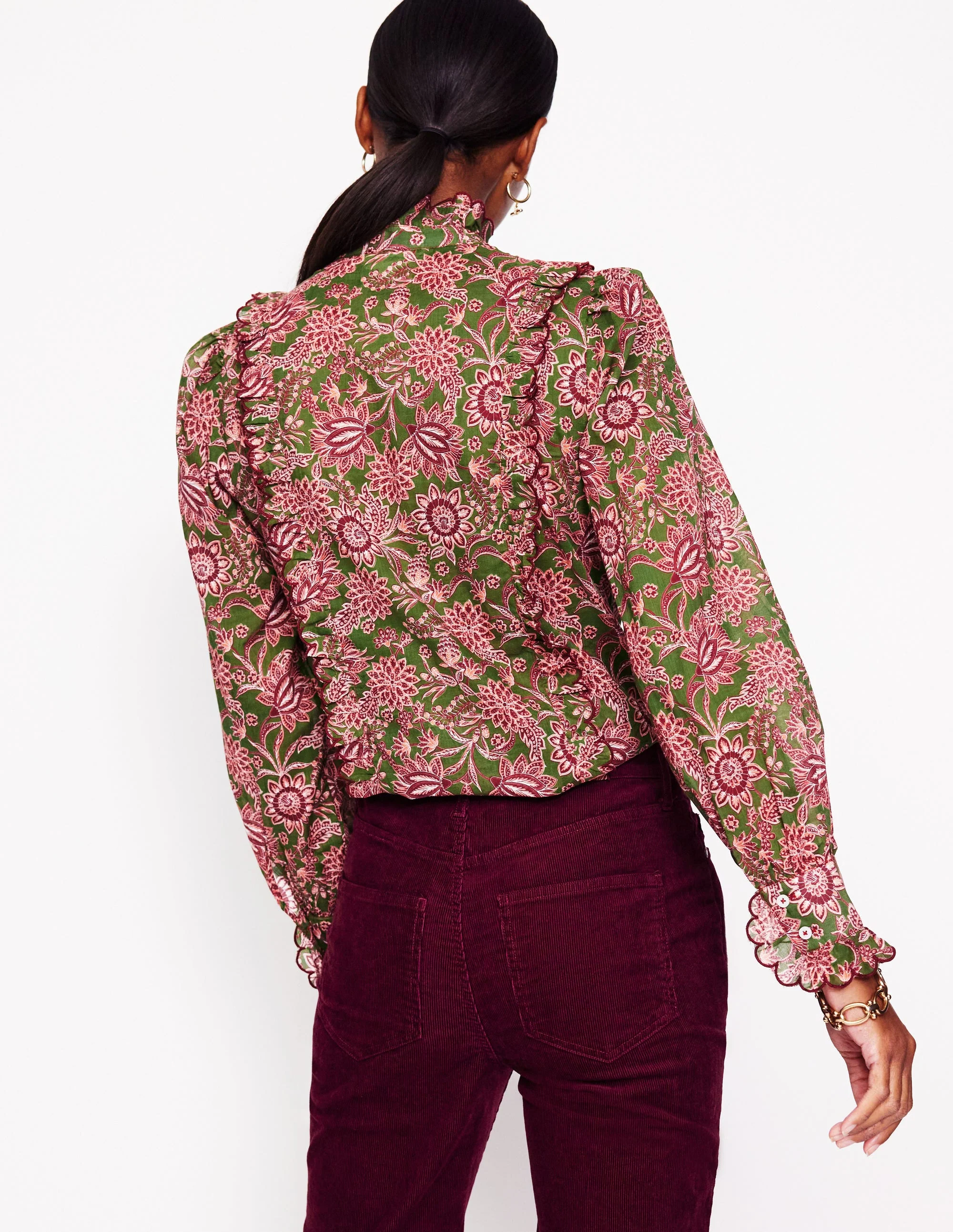 Baumwollbluse mit Rüschen-Schnittlauch, Kunstvolle Knospe - Image 3