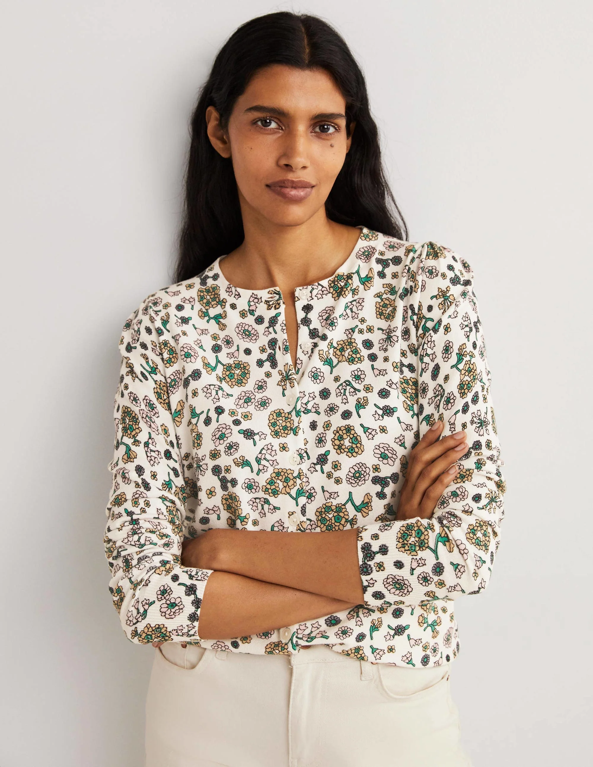 Baumwollcardigan mit Rundhalsausschnitt-Naturweiß, Filigranes Blumenmuster