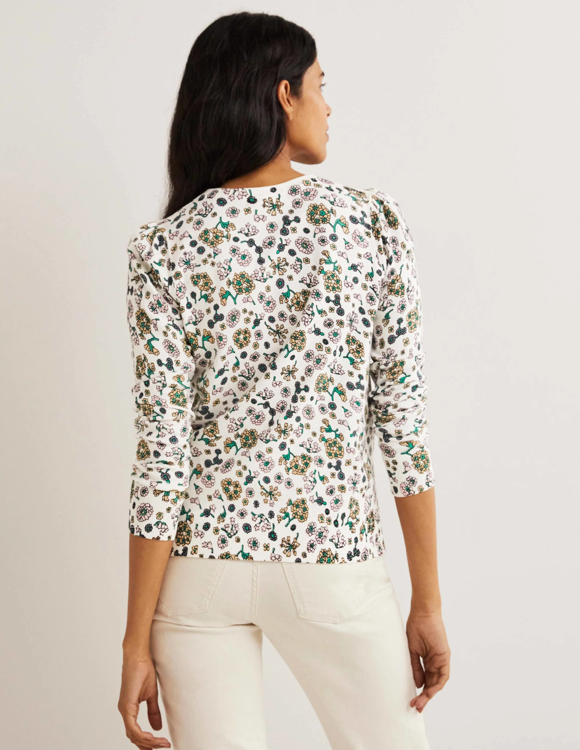 Baumwollcardigan mit Rundhalsausschnitt-Naturweiß, Filigranes Blumenmuster - Image 3