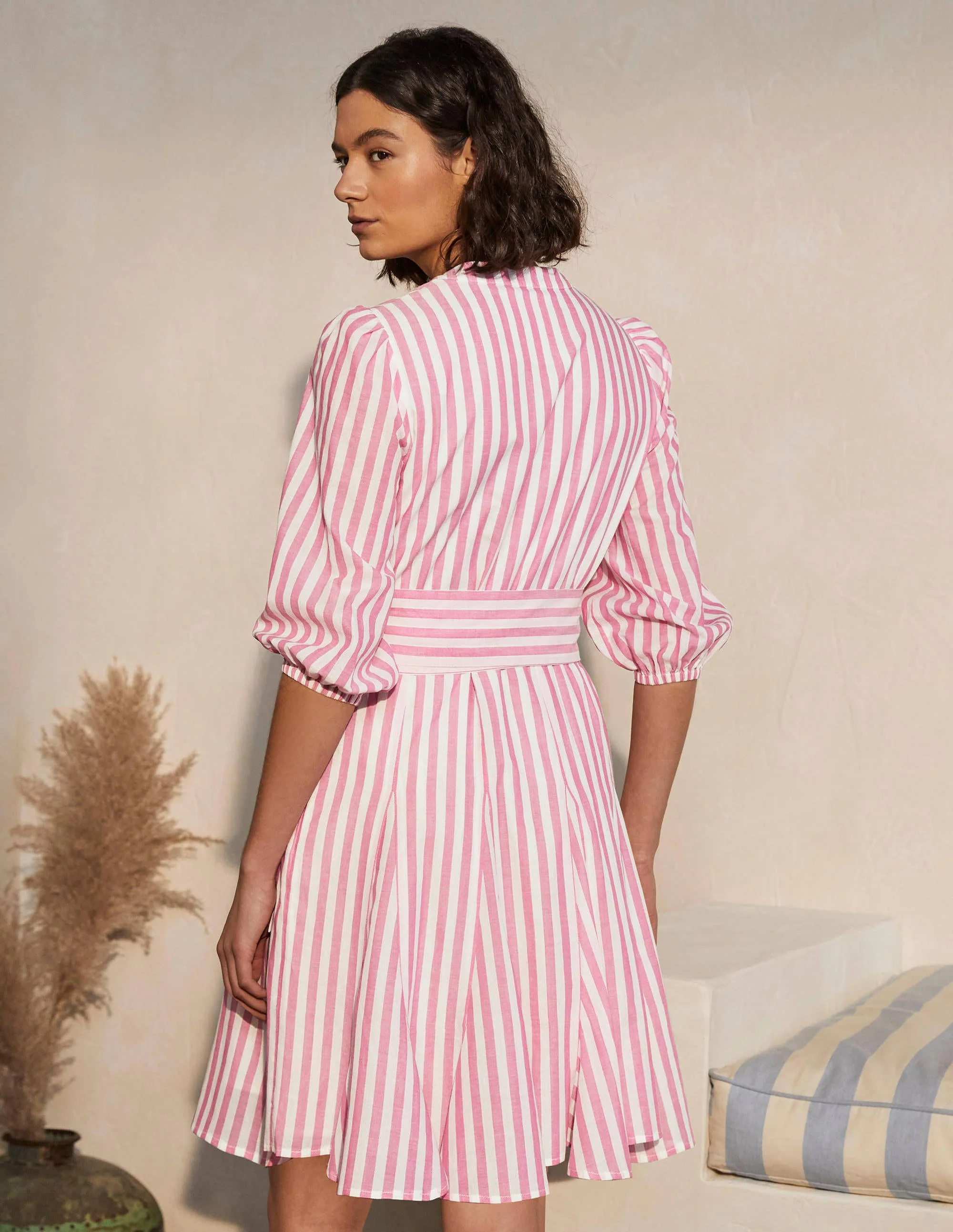 Baumwollkleid mit Puffärmeln-Pink, Gestreift - Image 3