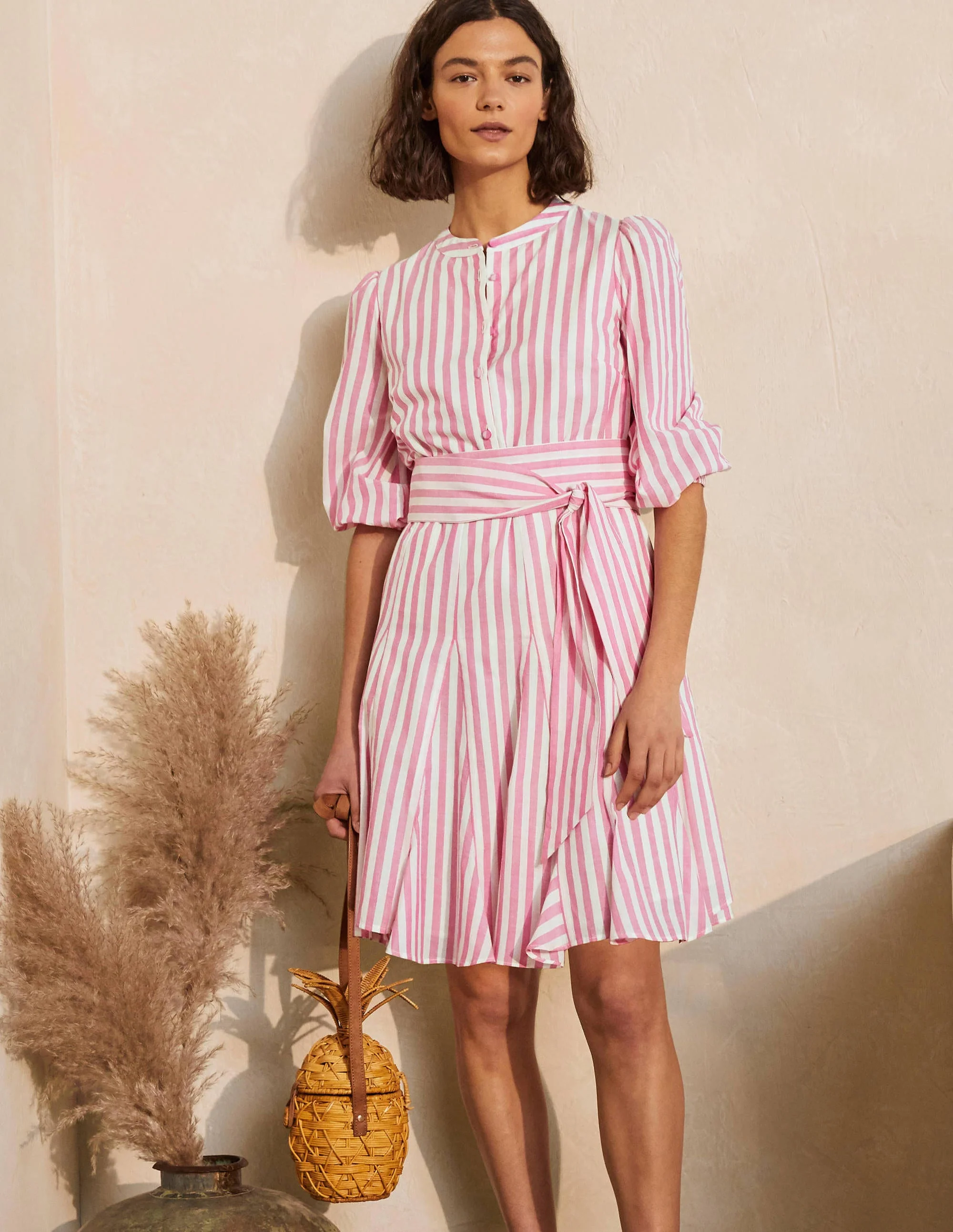 Baumwollkleid mit Puffärmeln-Pink, Gestreift - Image 6